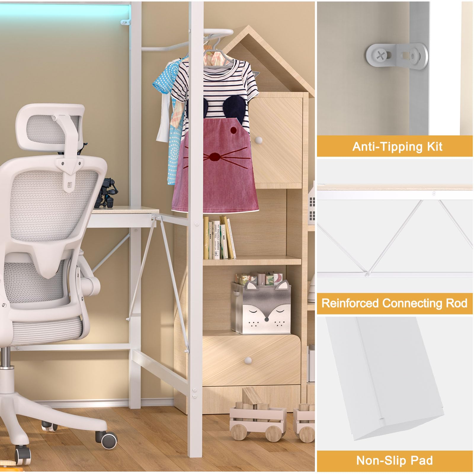 Twin Loft Bed with L-Shaped Desk and LED Lights