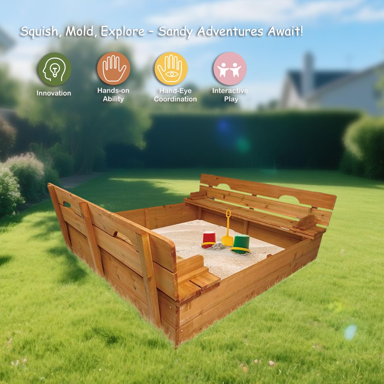 Wooden Sandbox with Lid and Bench Seats