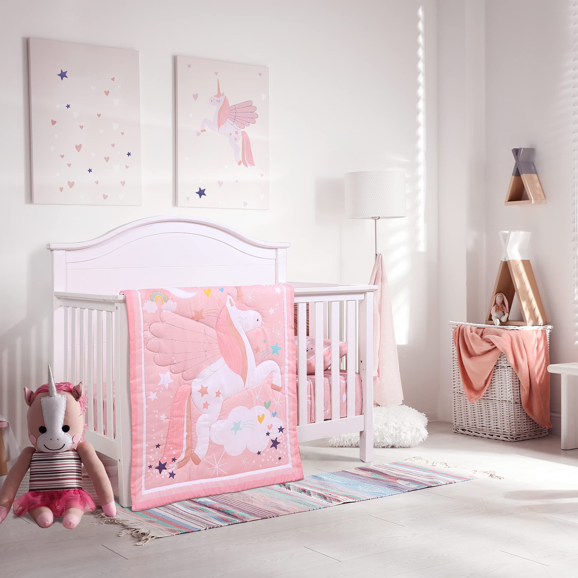 Crib Bedding Set for Girls - Pink Baby Nursery Sets 3 Pieces Quilt Comforter