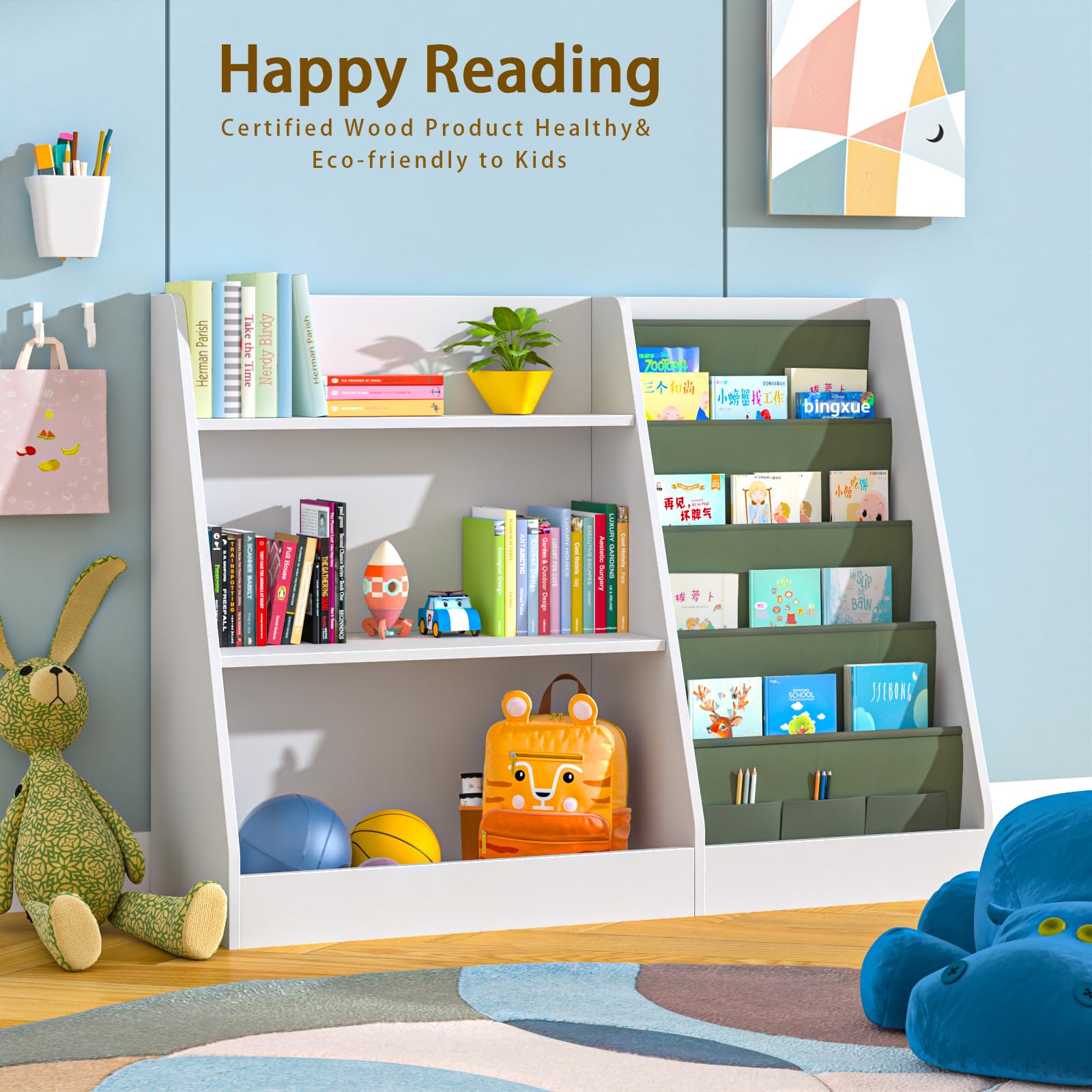 3-Tier Kids Bookshelf with Storage Bags