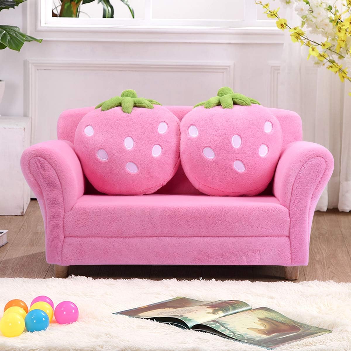 Kids Couch, Double Seat Pink Children's Sofa with 2 Strawberry