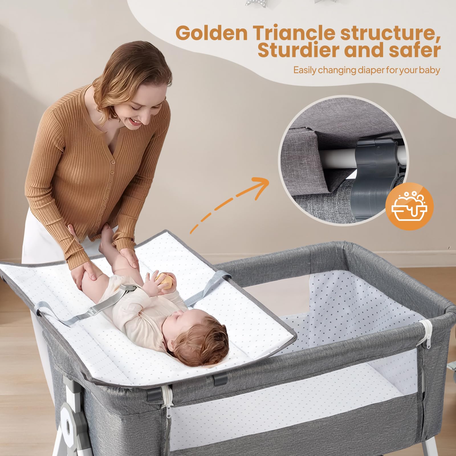 JOYMOR Baby Bassinet with Changing Table, Bedside Bassinet for Baby with Comfy Mattress and Wheels, 6 Height Adjustable Easy Folding Portable Bedside Crib for Newborn (Gray)