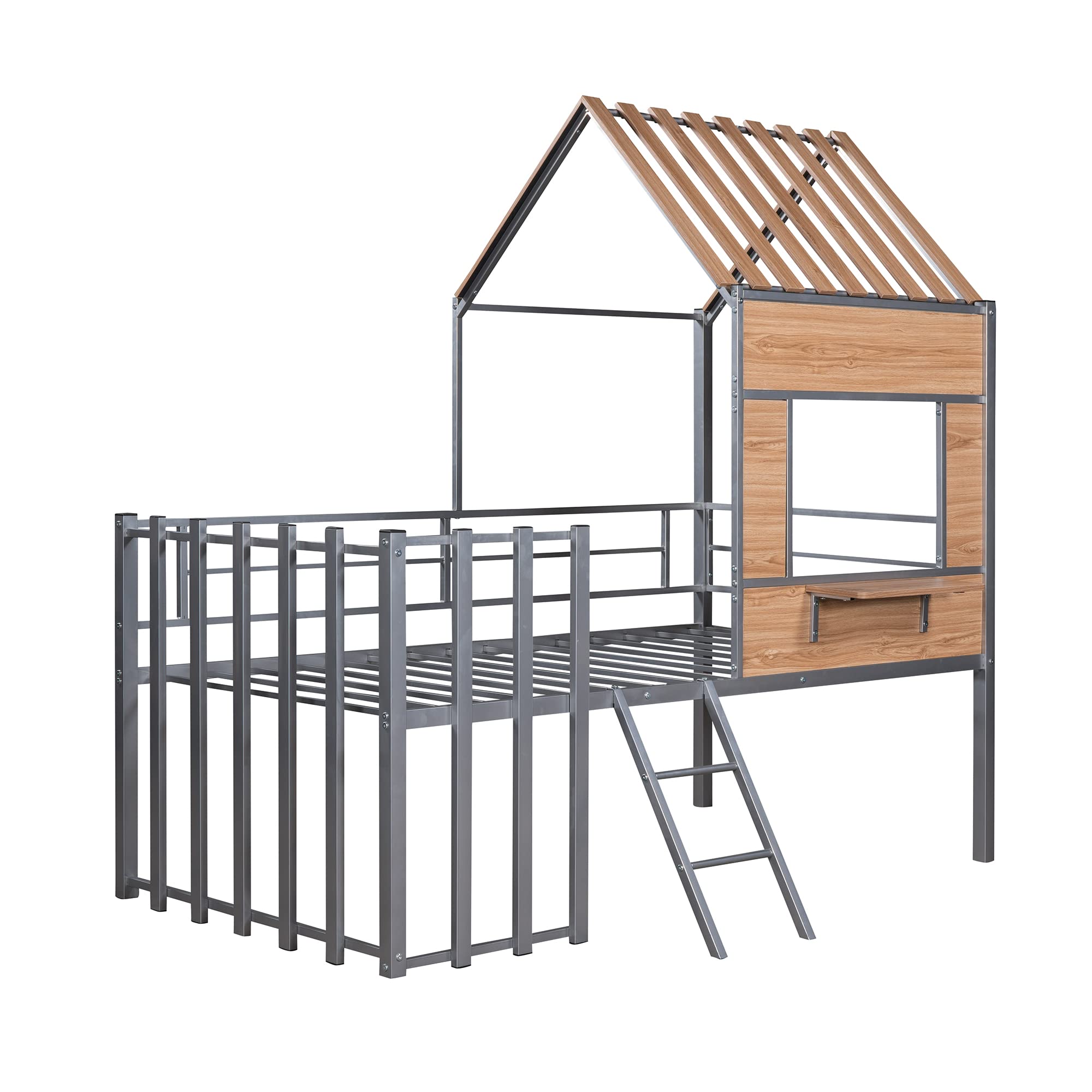 Metal House Loft Bed Twin Size with Guardrail and Ladder