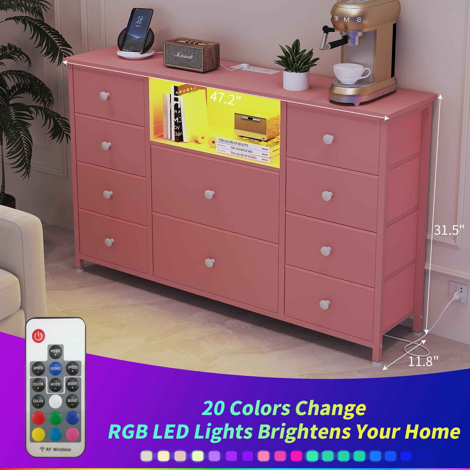 10 Drawer Dresser with Charging Station and LED Lights