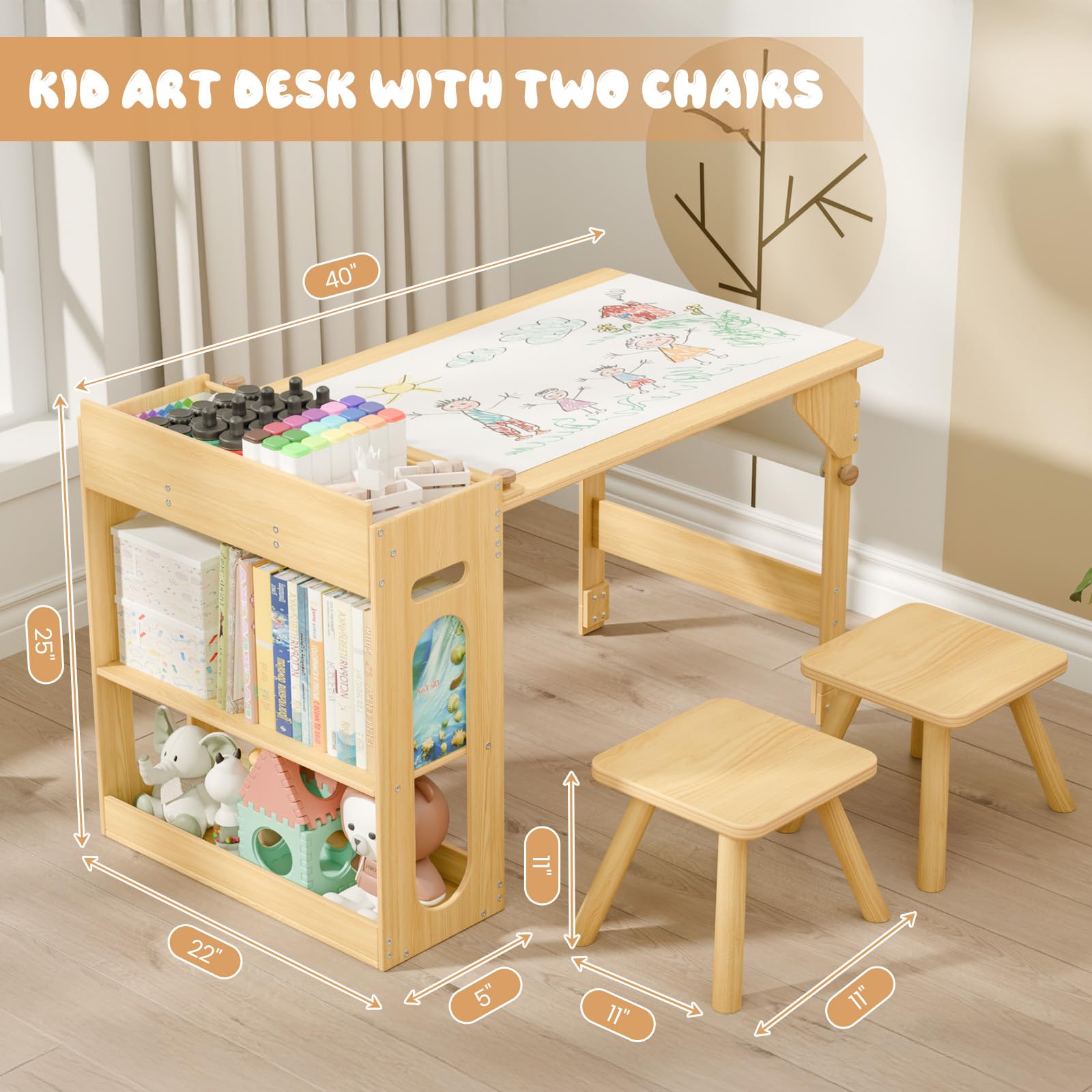 Kids Art Table and 2 Chairs Set with Storage