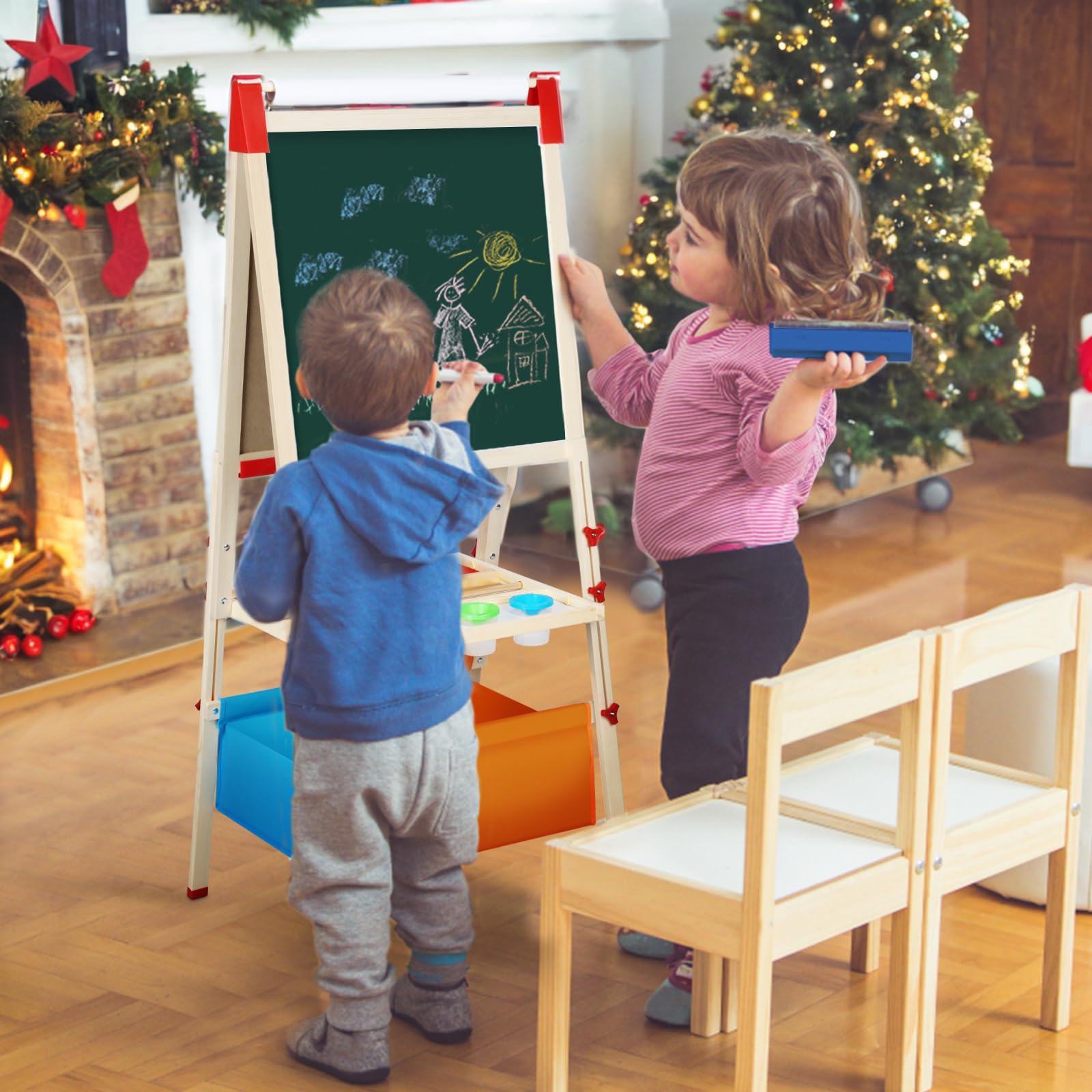 Easel for Kids,3 in 1 Adjustable Kids Art Drawing Easel Set,130+ Art Supplies,Wooden Double Sided Magnetic Chalkboard and White Board with Paper Roll,Painting for Aged 2-4,5-7,8-12