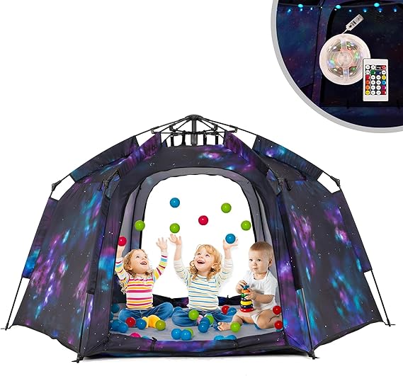 Hexagon Kids Play Tent with LED Strip Lights Indoor Children Play House Easy