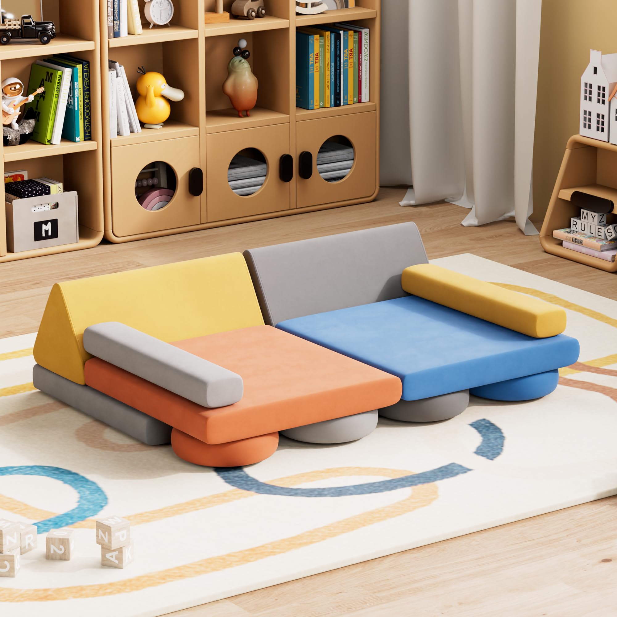 12PCS Modular Kids Play Couch, Velvet Convertible Toddler Sofa