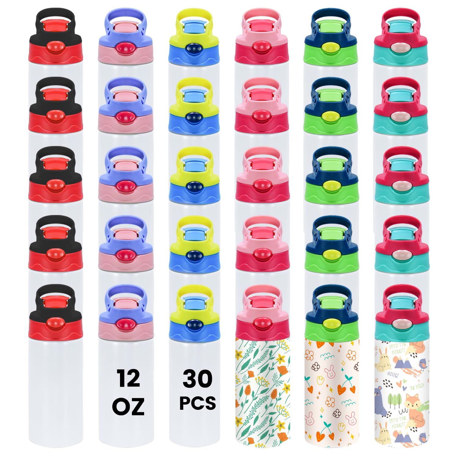 Sublimation Tumblers, 30PACK Kids Water Bottle with One-click Pop