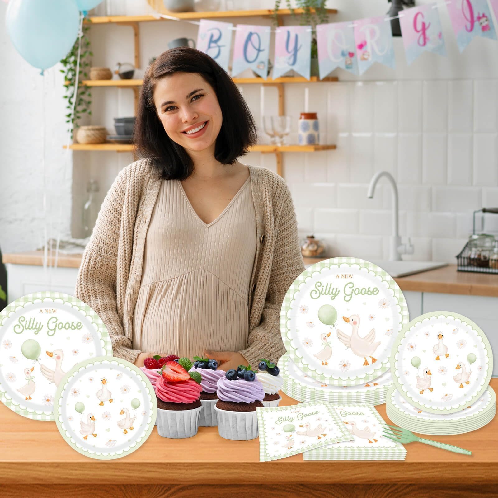 96pcs A New Silly Goose Baby Shower Tableware Kits Goose Theme Disposable Paper Plates and Napkins Set for 24 Guests Farm Animal Baby Shower Supplies for Girls Boys