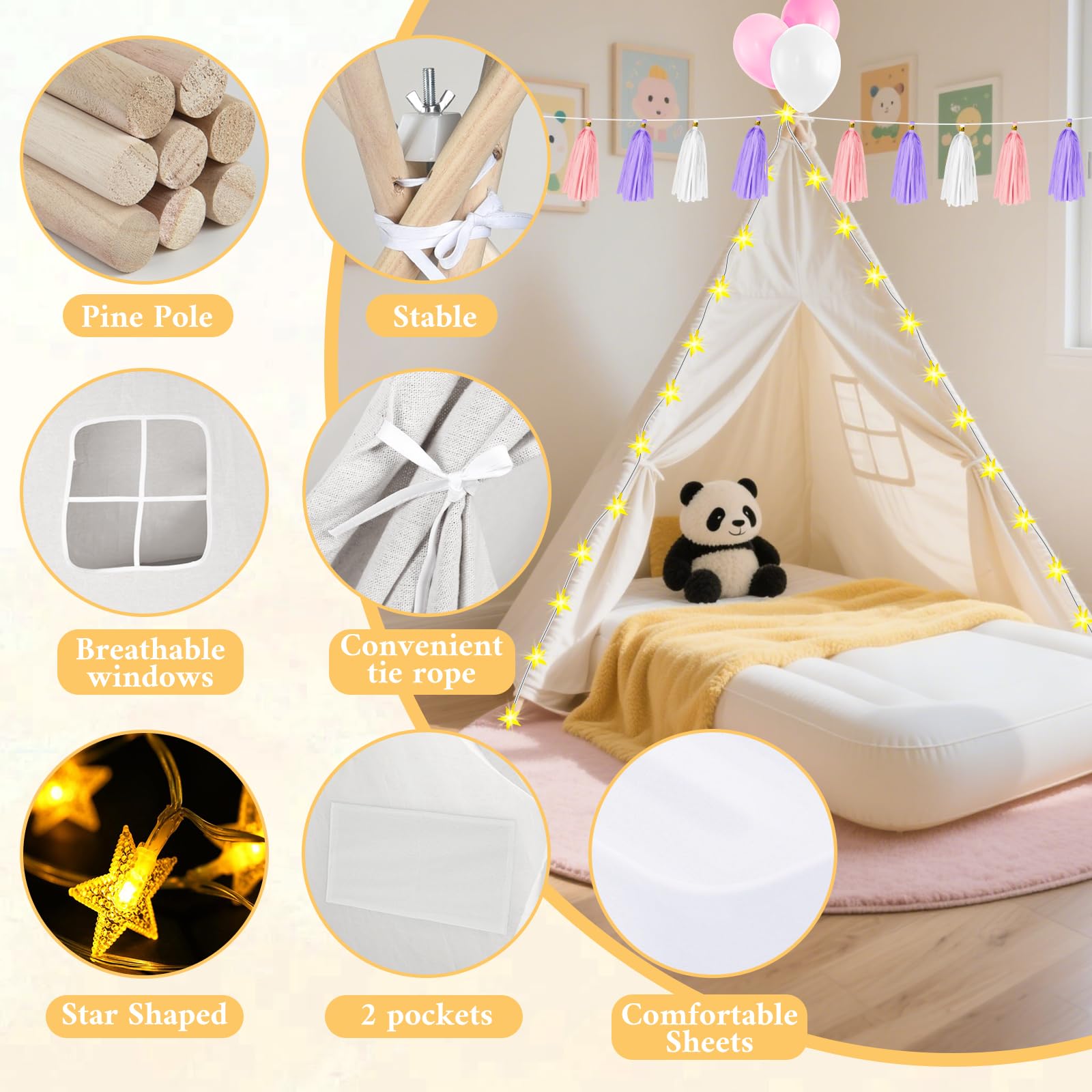 Kids Teepee Tent Set with Inflatable Mattress and Decorations