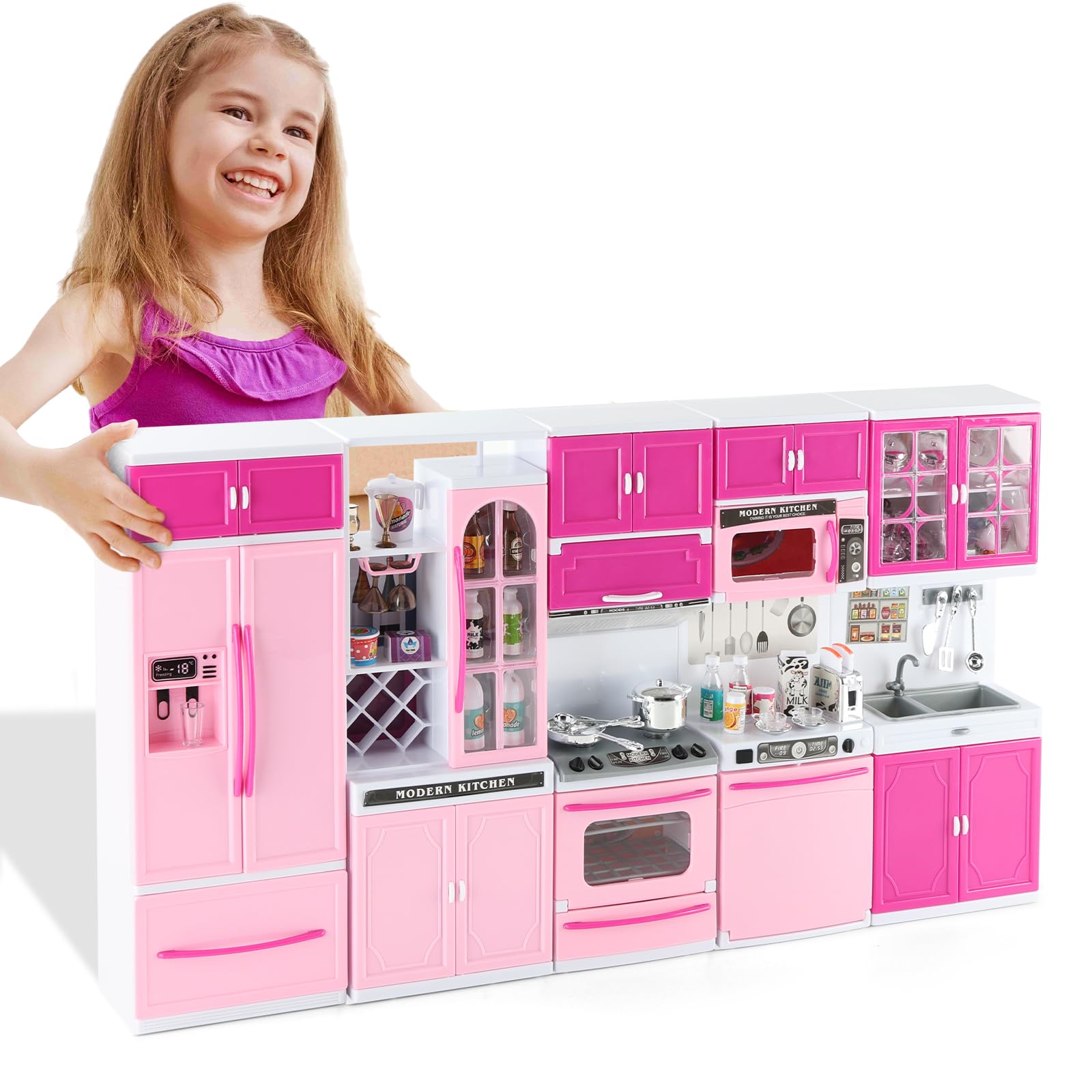 64 PCS Pink Kitchen Toys with Lights Sounds|Mini Kitchen House Furniture Sets