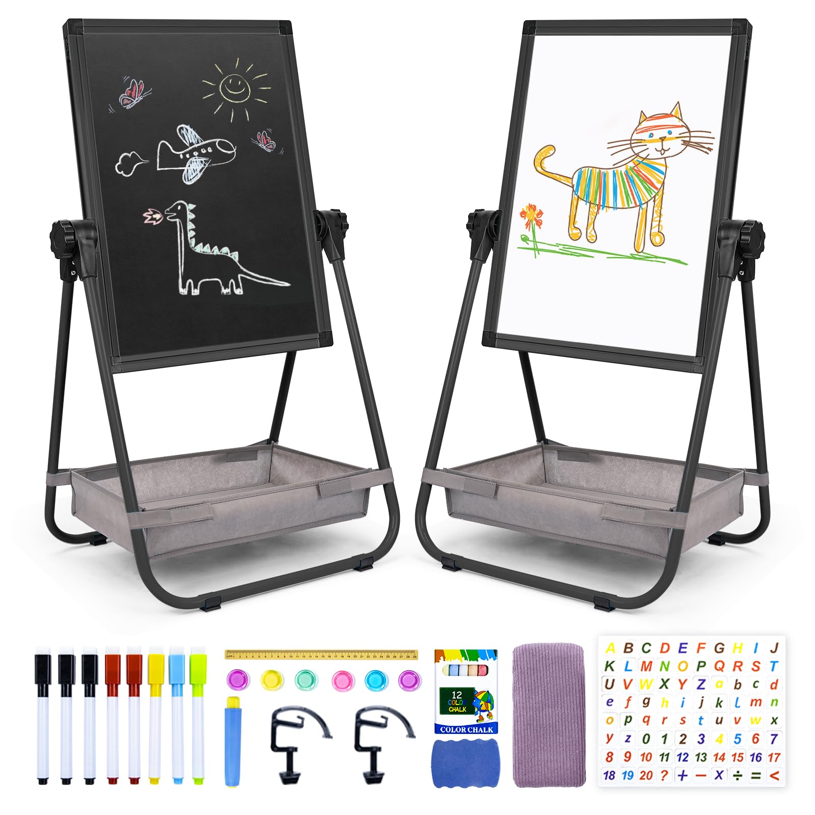 WEYOUNG Kids Easel for Toddlers, Adjustable Standingg Metal Toddler Whiteboard & Chalkboard, Magnetic Art Easel for Kids Age 2-4 4-8 9-12, Black