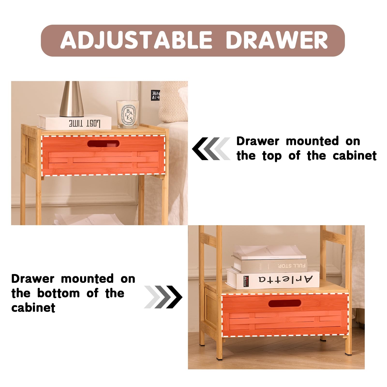 Bamboo Nightstand with Drawer and Storage Shelves