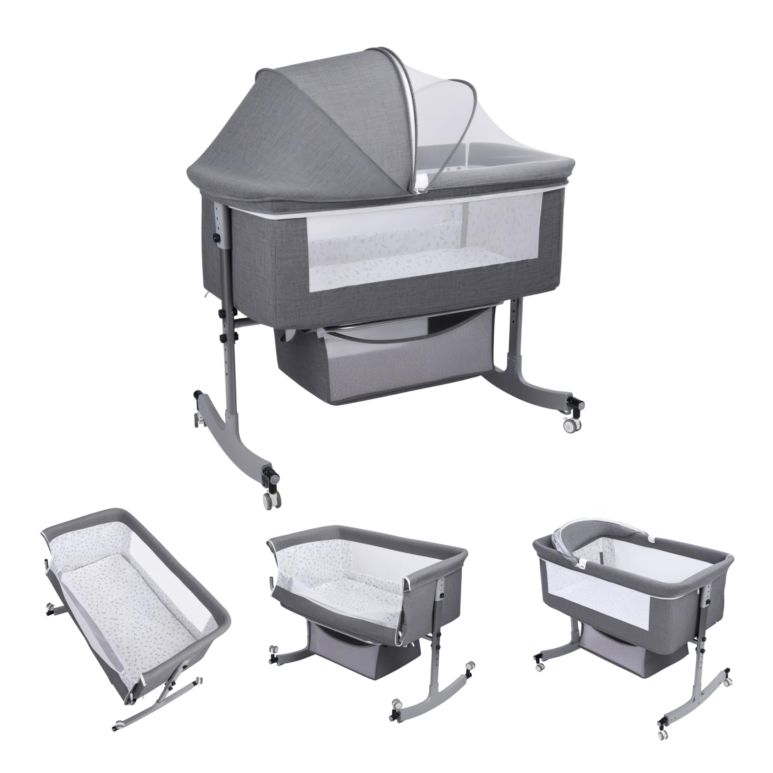 Height Adjustable Bedside Bassinet with Mosquito Net