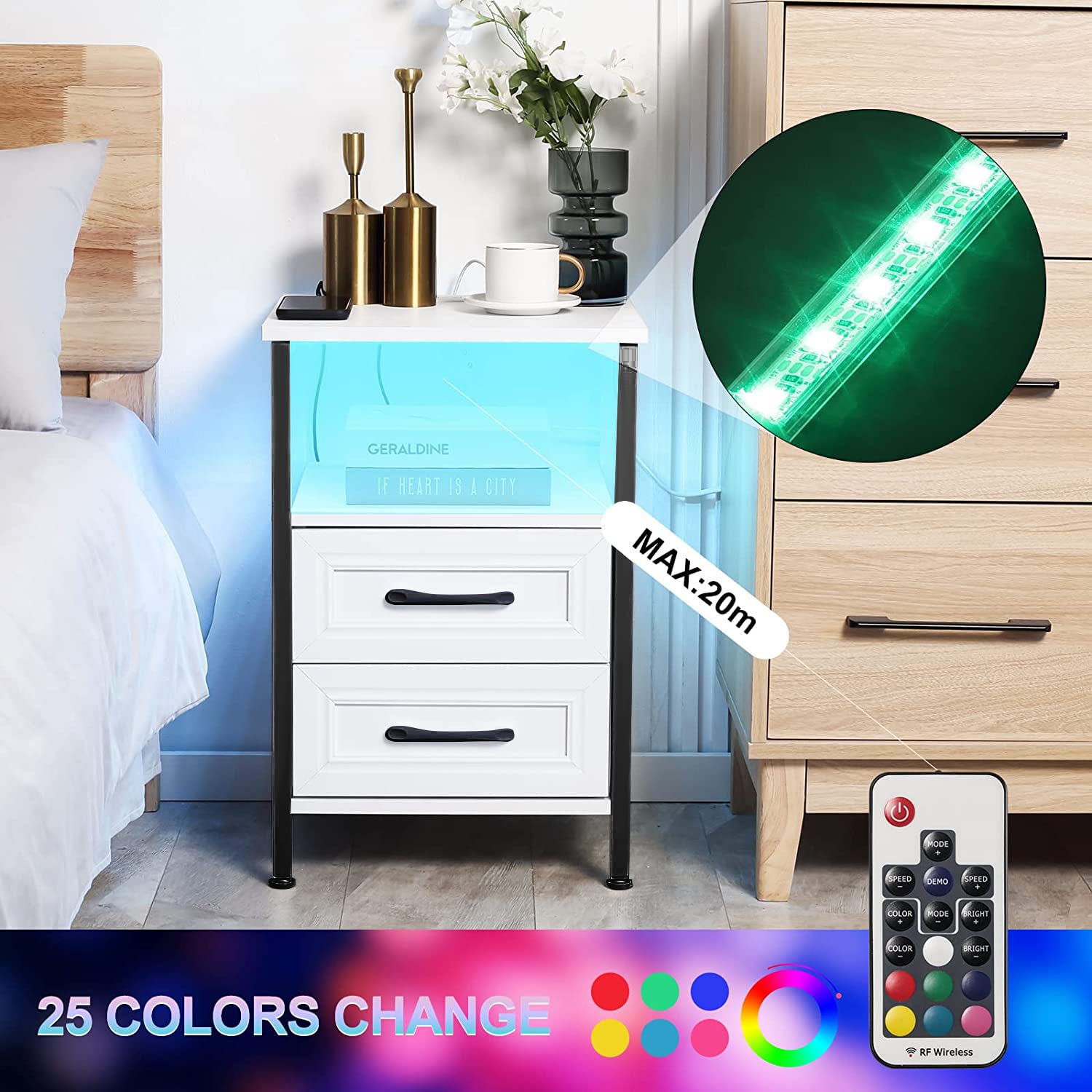 Nightstand with Charging Station and RGB Lights