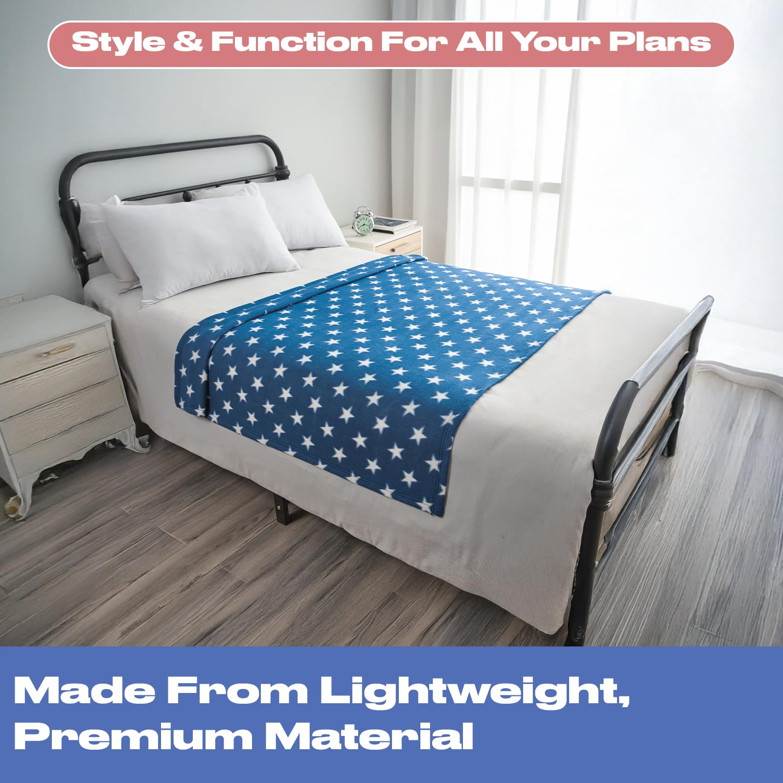 Flannel Fleece Stars Throw Blanket Navy Blue White 50x60