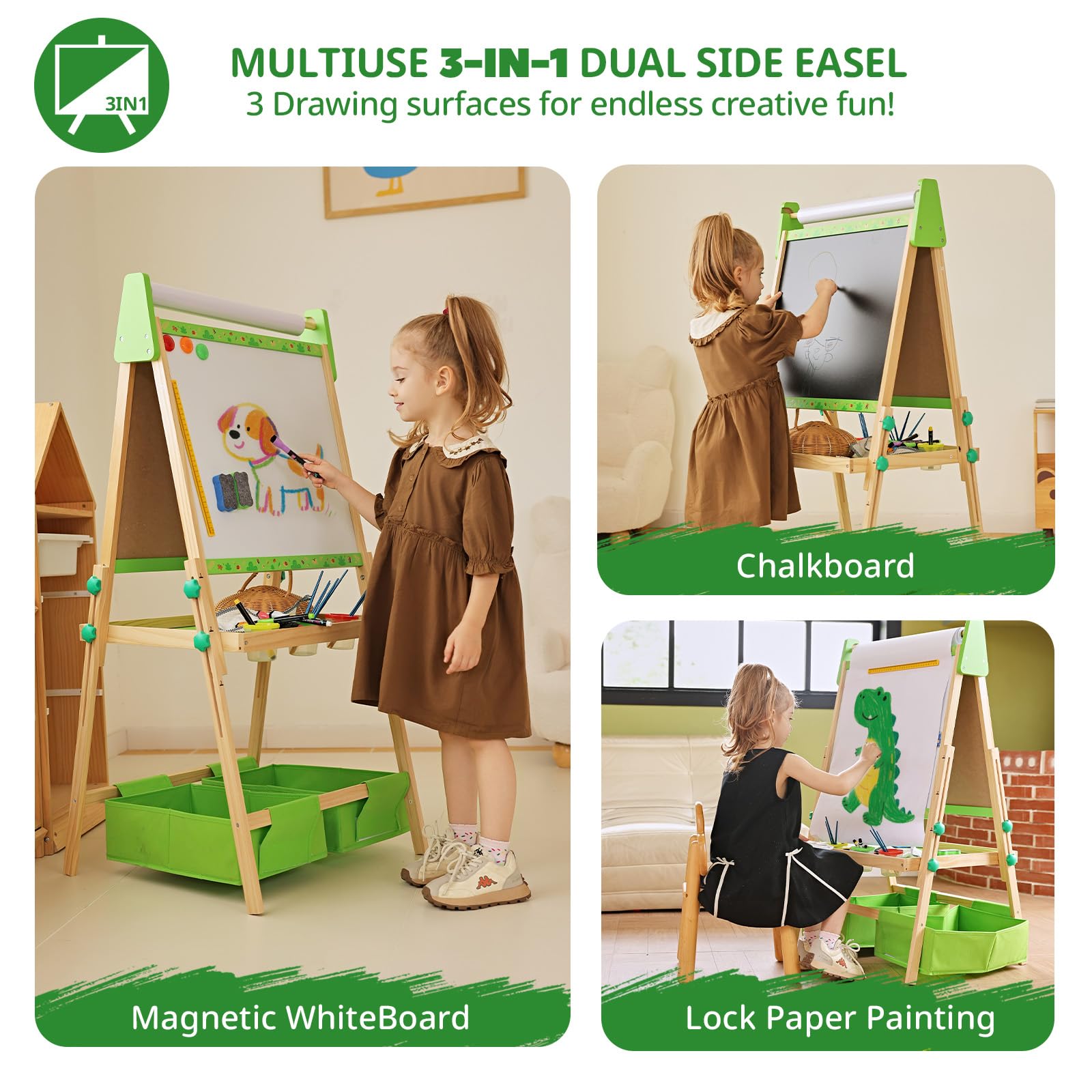 Art Easel for Kids Ages 2-4 4-8, Toddler Easel with 3 Paper Roll, Magnetic Whiteboard and Chalkboard, Adjustable Wooden Art Kids Easel for Toddlers 2,3,4,5,6,7,8,9,10 Years Old Boys & Girls, Green
