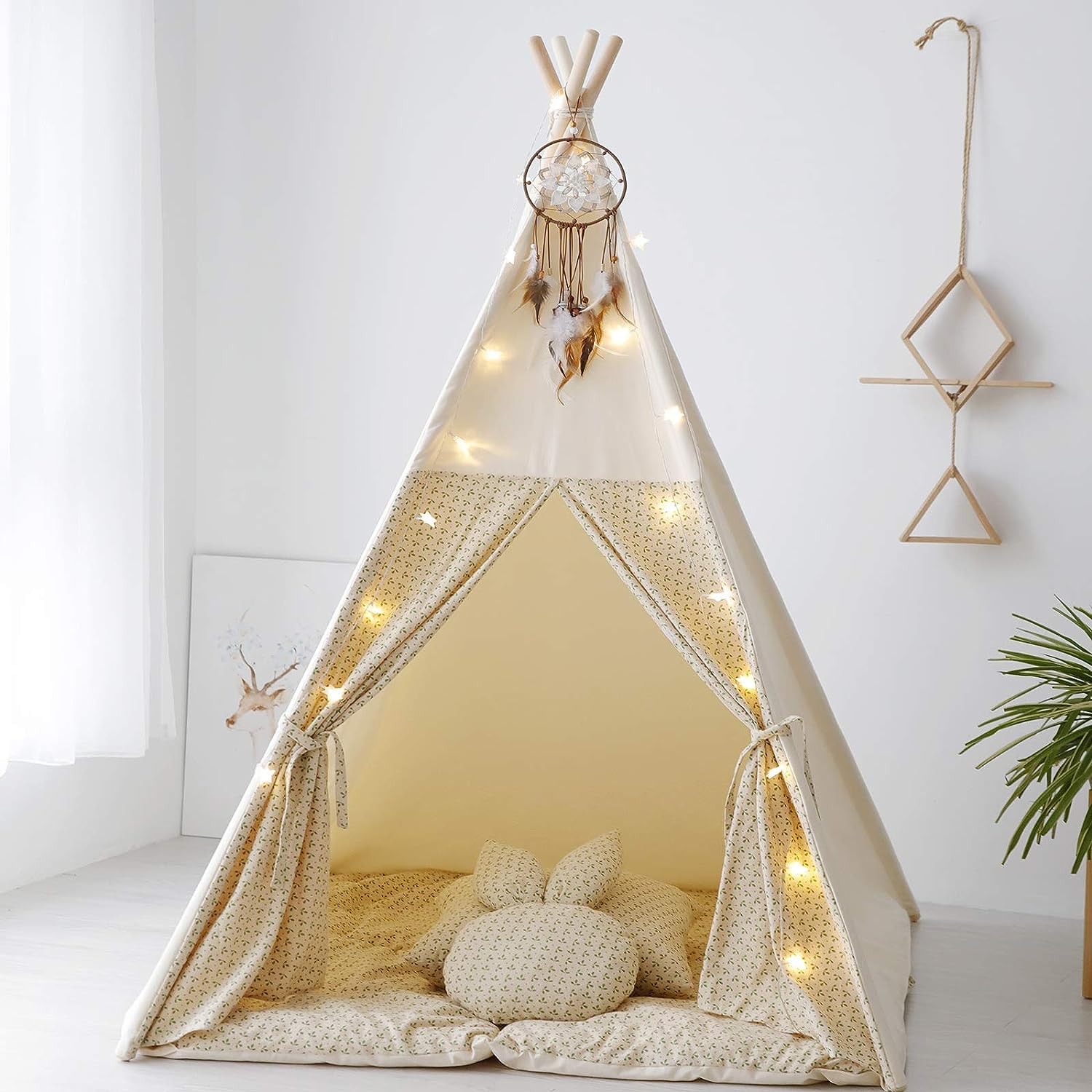 TreeBud Teepee Tent for Kids with Mat,Foldable Play Tents for Girl and Boy with Carrybag,Canvas Tipi Playhouse for Children Indoor Outdoor(Beige & Mat)
