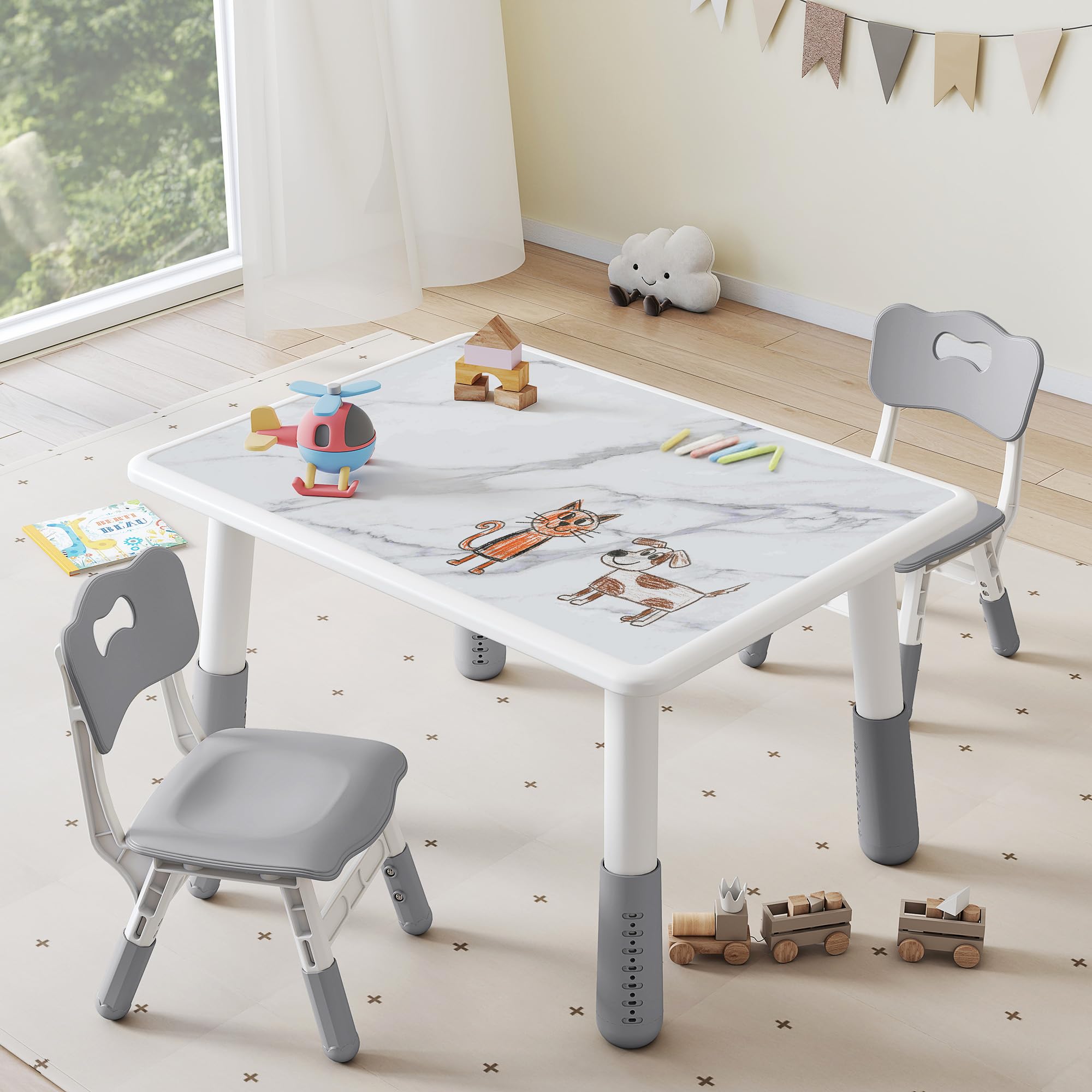 Height Adjustable Kids Table and Chair Set with Marble Pattern Desktop