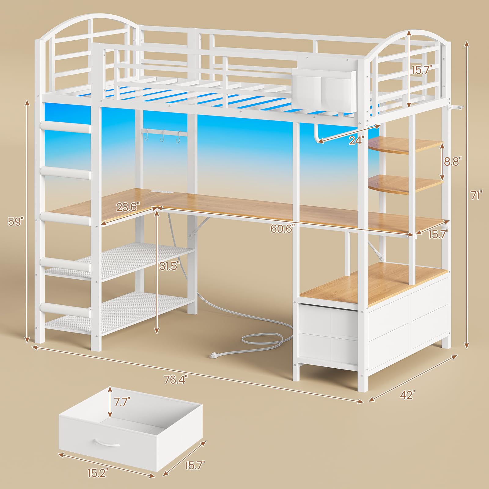 Twin Loft Bed with L-Shaped Desk and LED Lights