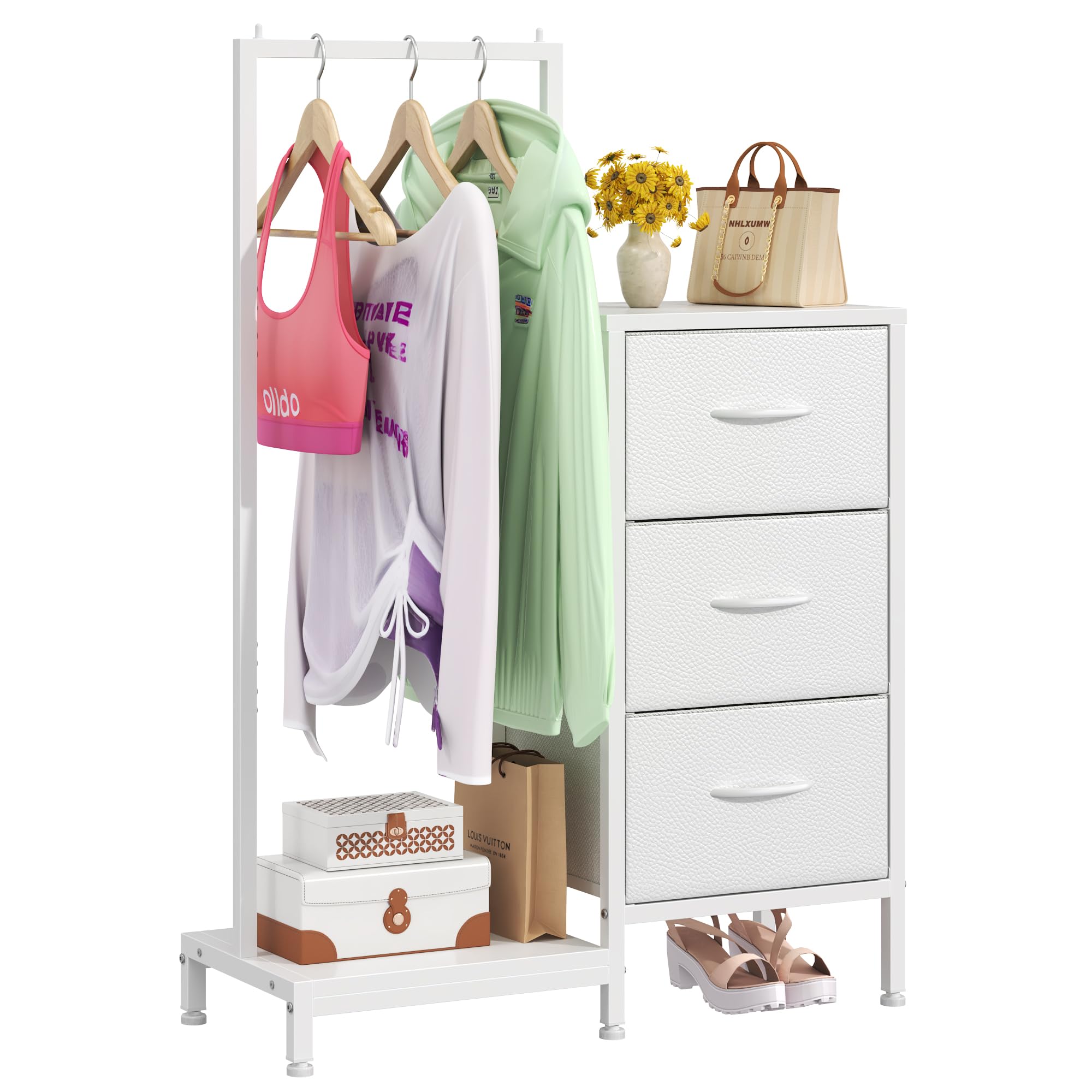 Bedroom with Hanging Rack, 3 Drawers Dresser for Bedroom - White