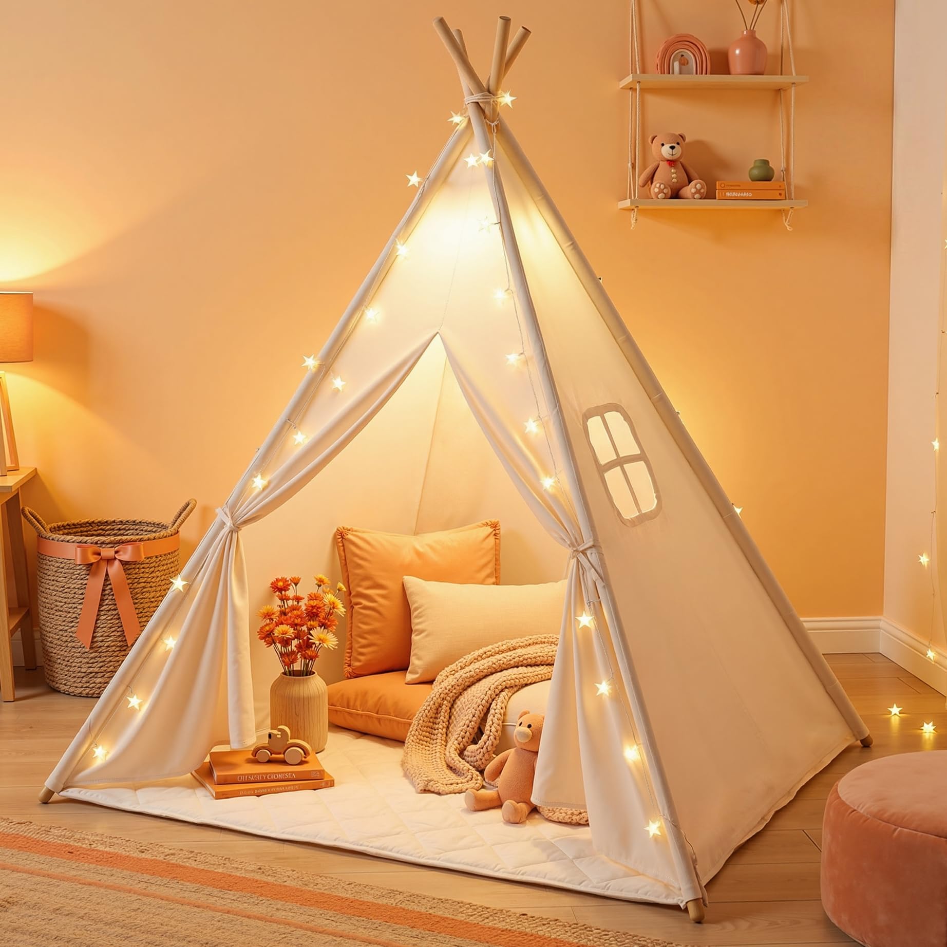 Cotton Canvas Kids Teepee Tent with Lights and Carry Bag