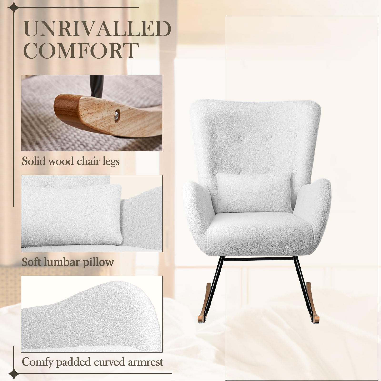 Teddy Upholstered Rocking Chair with High Backrest