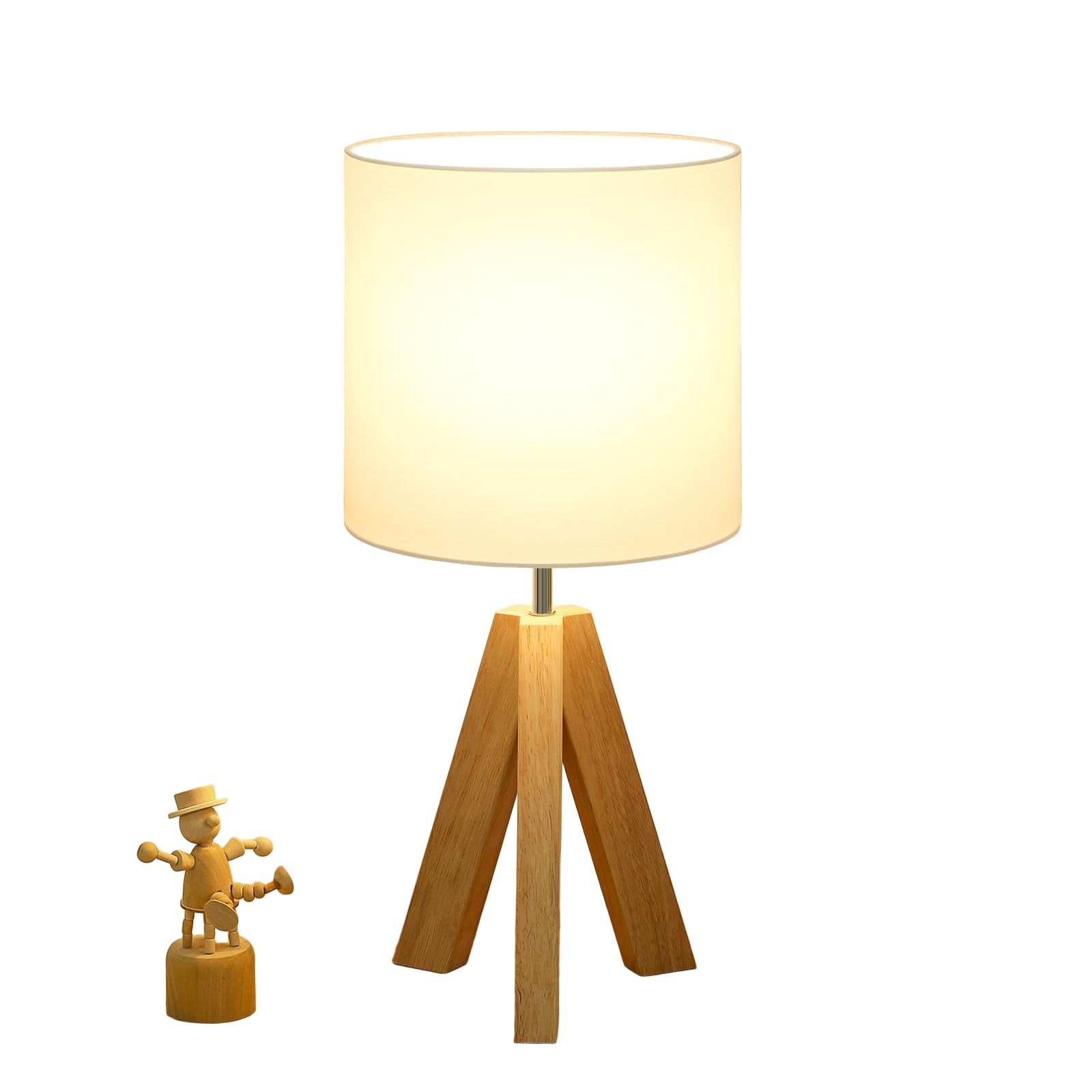 Small Beside Table Lamp, Wood Tripod Table Lamp with White Fabric Shade