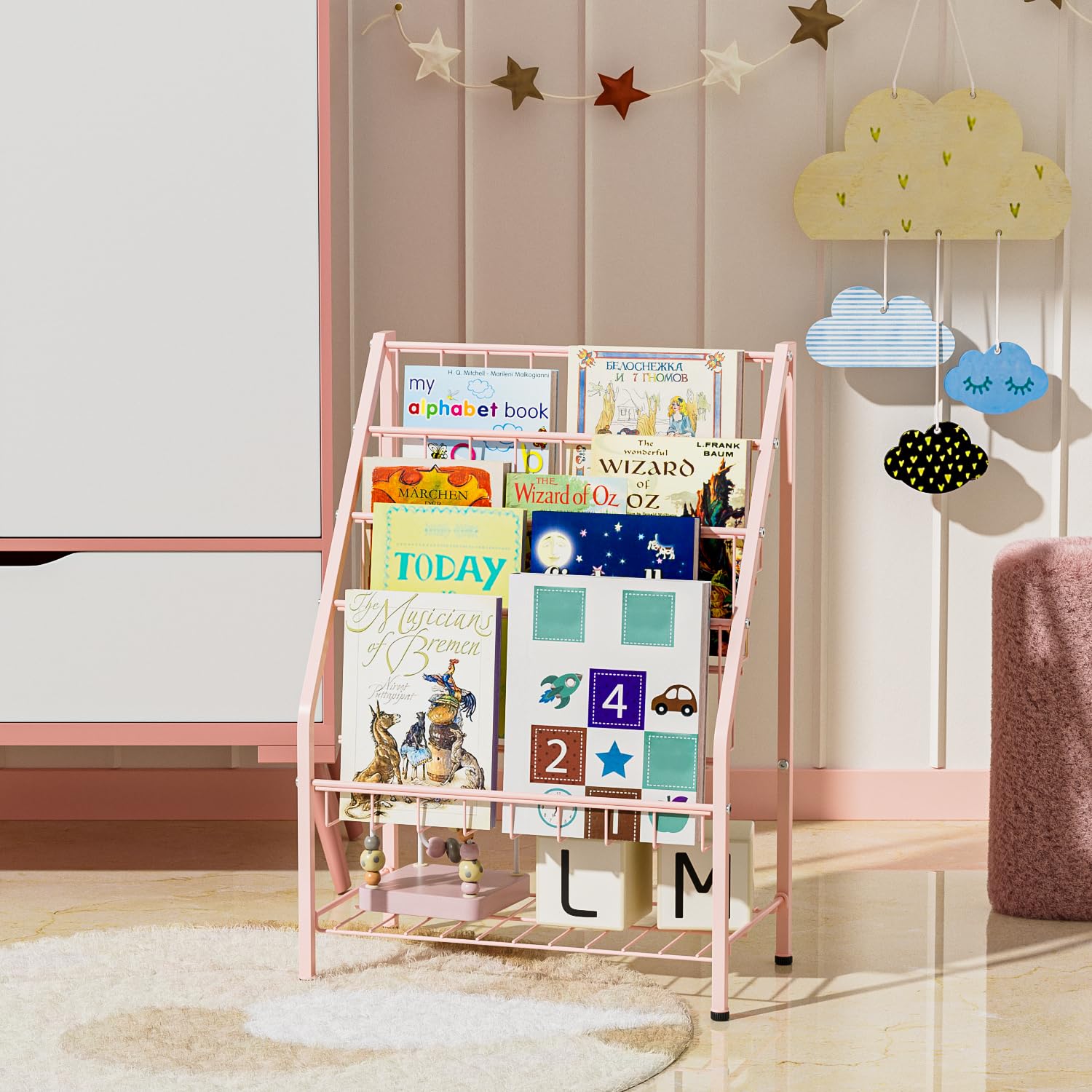 Bookshelf, 4-Tier Metal Child Bookshelves Rack with Toy Storage