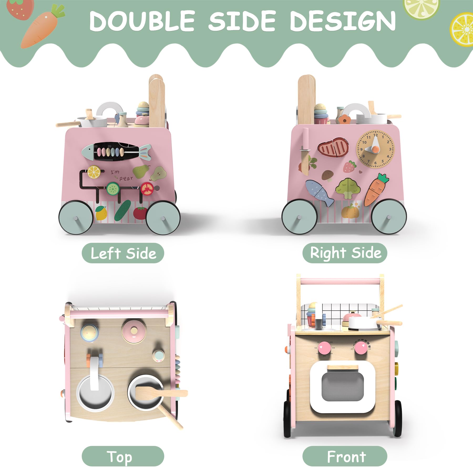 4-in-1 Wooden Baby Walker with Kitchen Play Set