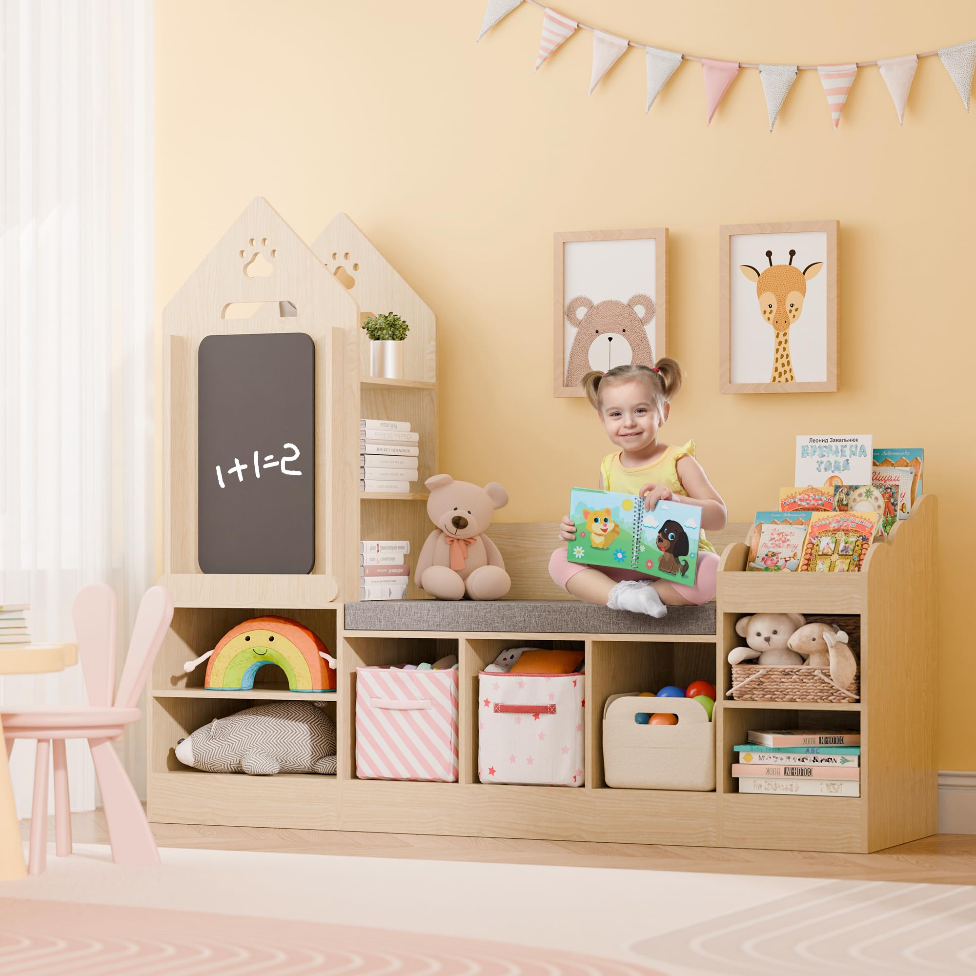 Kids Bookshelf with Reading Nook, Wooden Toy Storage Organizer