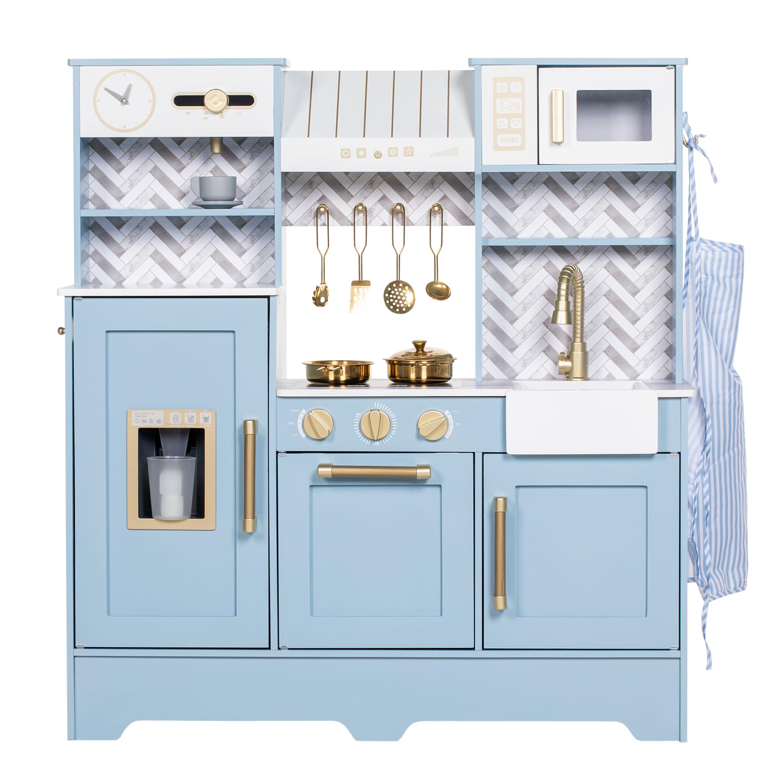 BRINJOY Play Kitchen for Kids, Wooden Children Kitchen Playset w/Coffee Maker, Oven, Stove, Sink, Apron, Ice Maker, Cookware, Kids Toy Kitchen Set for Toddler Girls Boys Pretend Play Toy Gift Ages 3+