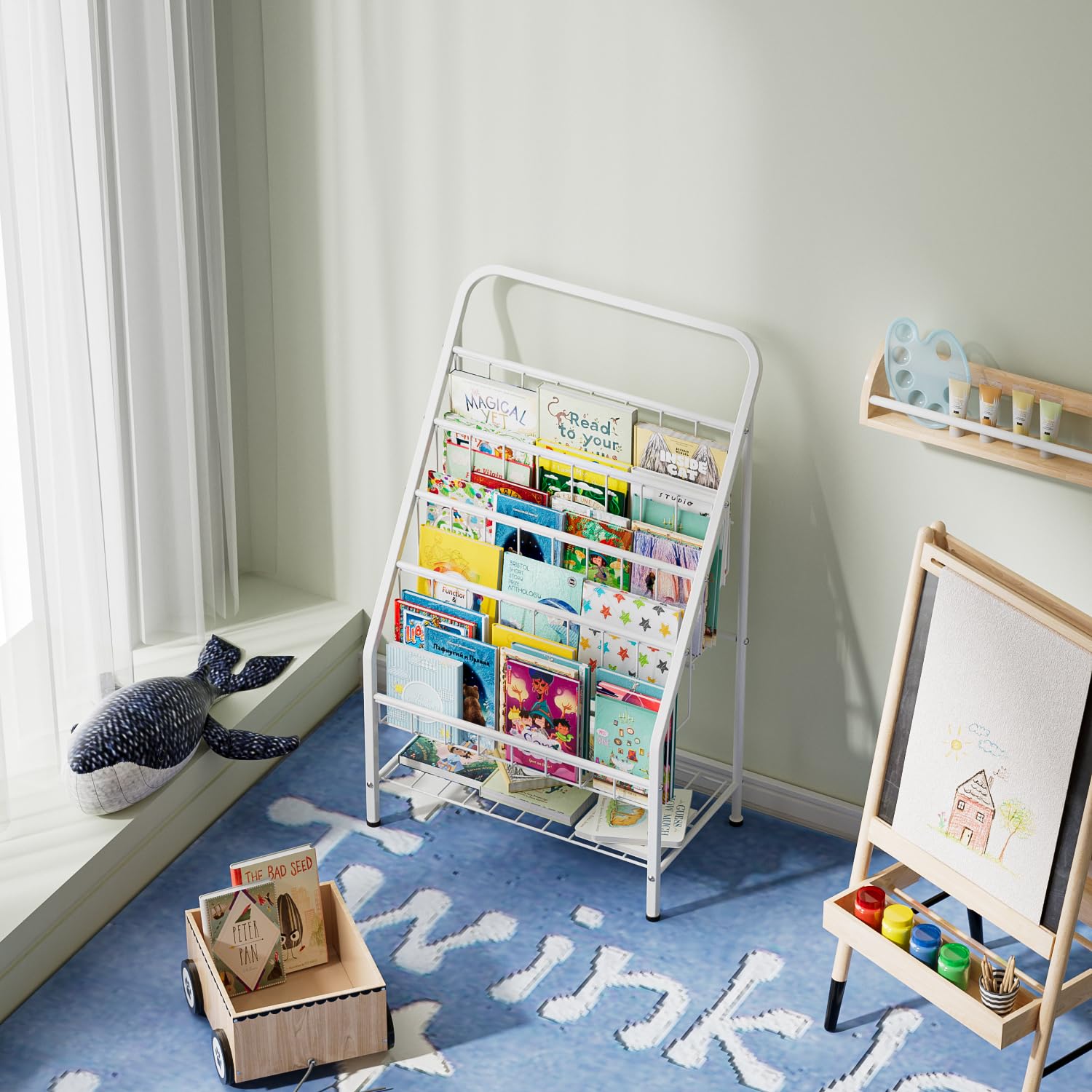 Bookshelf for Toddlers, 4-Tier Metal Kids Bookshelves Rack with Toy