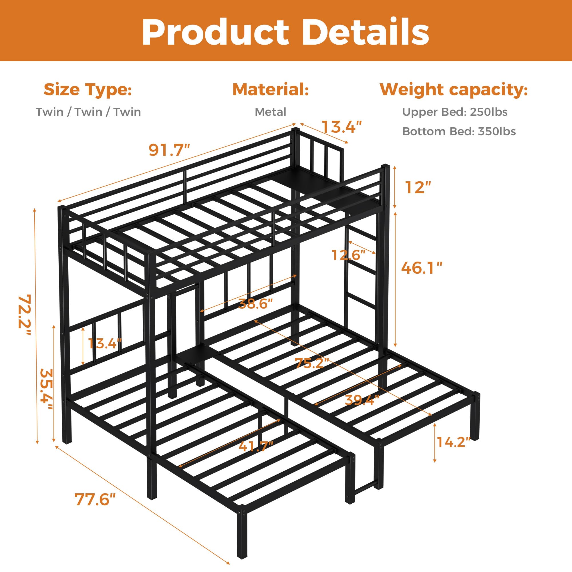 Triple Bunk Bed Metal Frame with Guardrails and Ladder