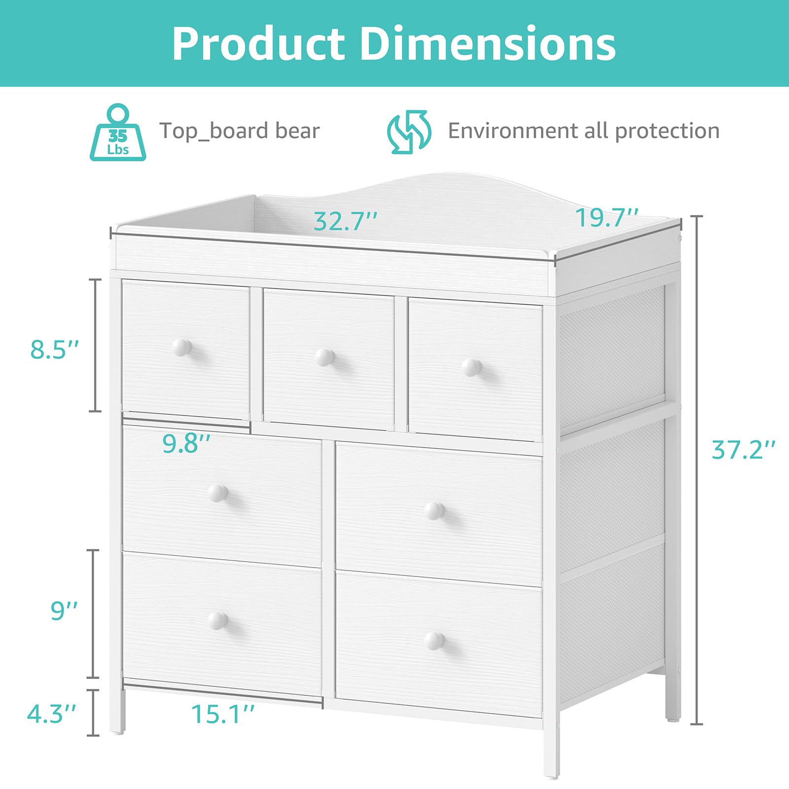Baby Changing Table Dresser with 7 Fabric Drawers