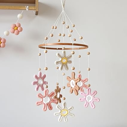 Woven Daisy Mobile for Crib, Baby Crib Mobile for Girls, Boho Daisy Crib Mobile