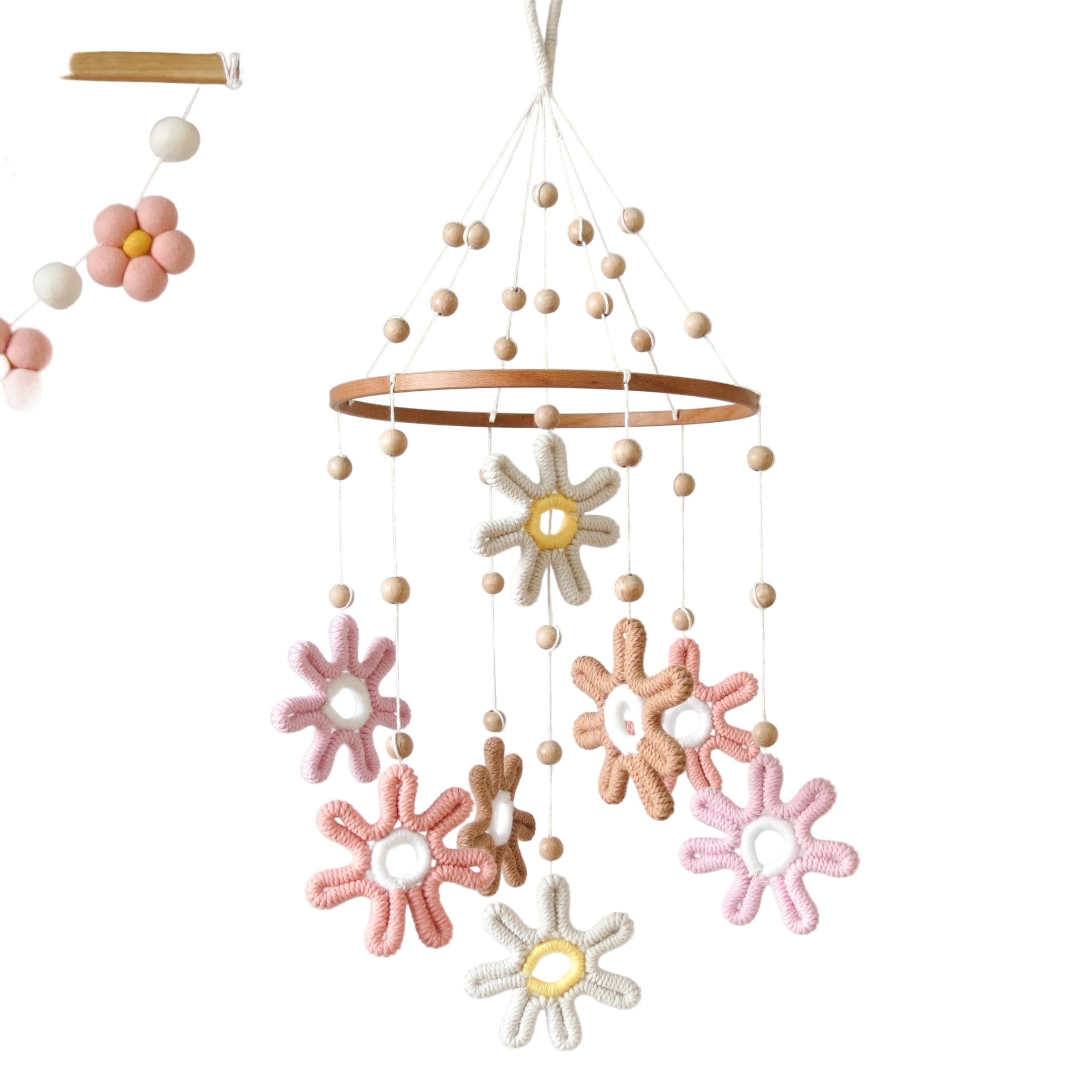 Woven Daisy Mobile for Crib, Baby Crib Mobile for Girls, Boho Daisy Crib Mobile