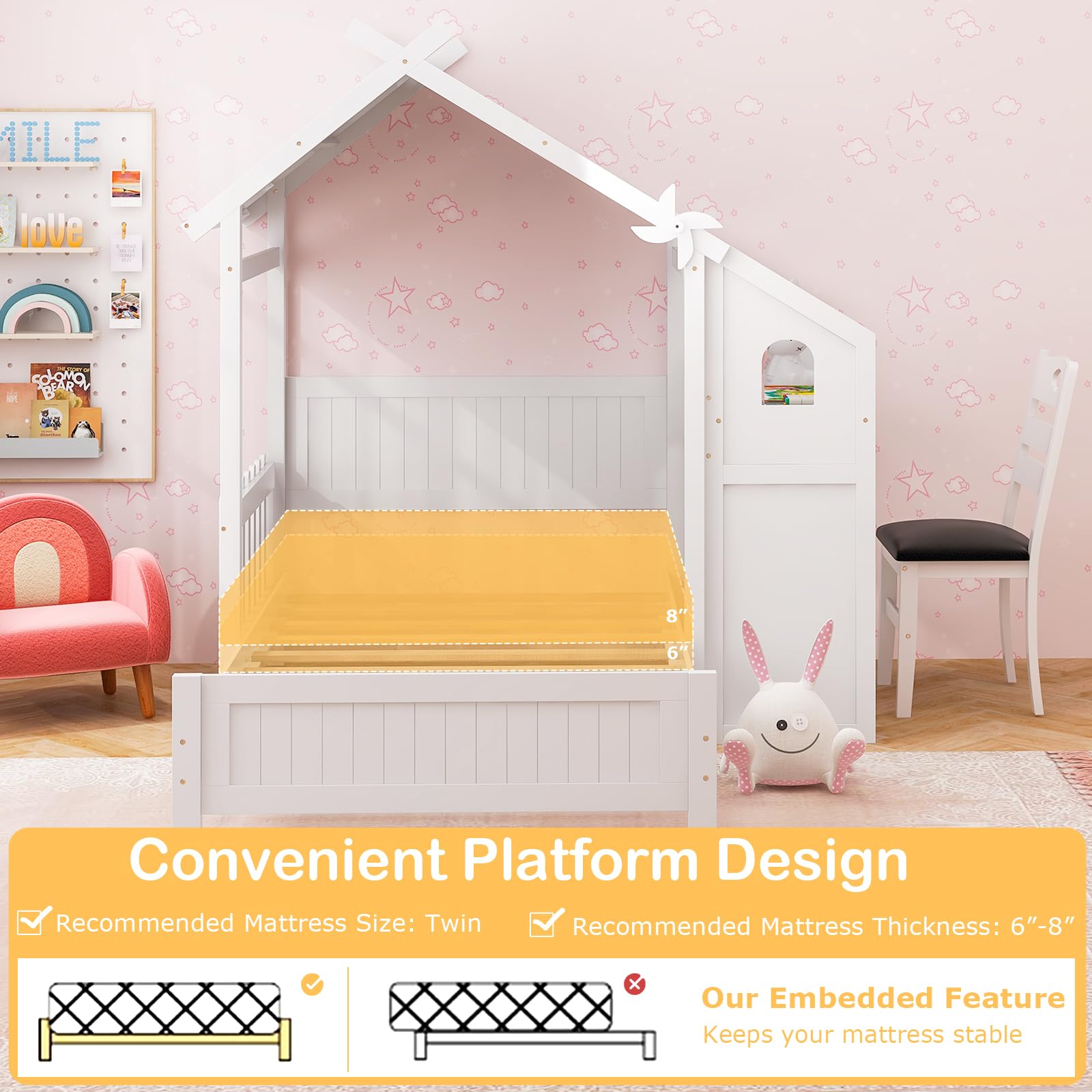 Giantex Twin House Bed with Desk & Chair, Wood Kids Playhouse Bed with 2 Drawers, Windmill, Fence & Headboard, Twin House Bed for Kids Teens, No Box Spring Needed, White
