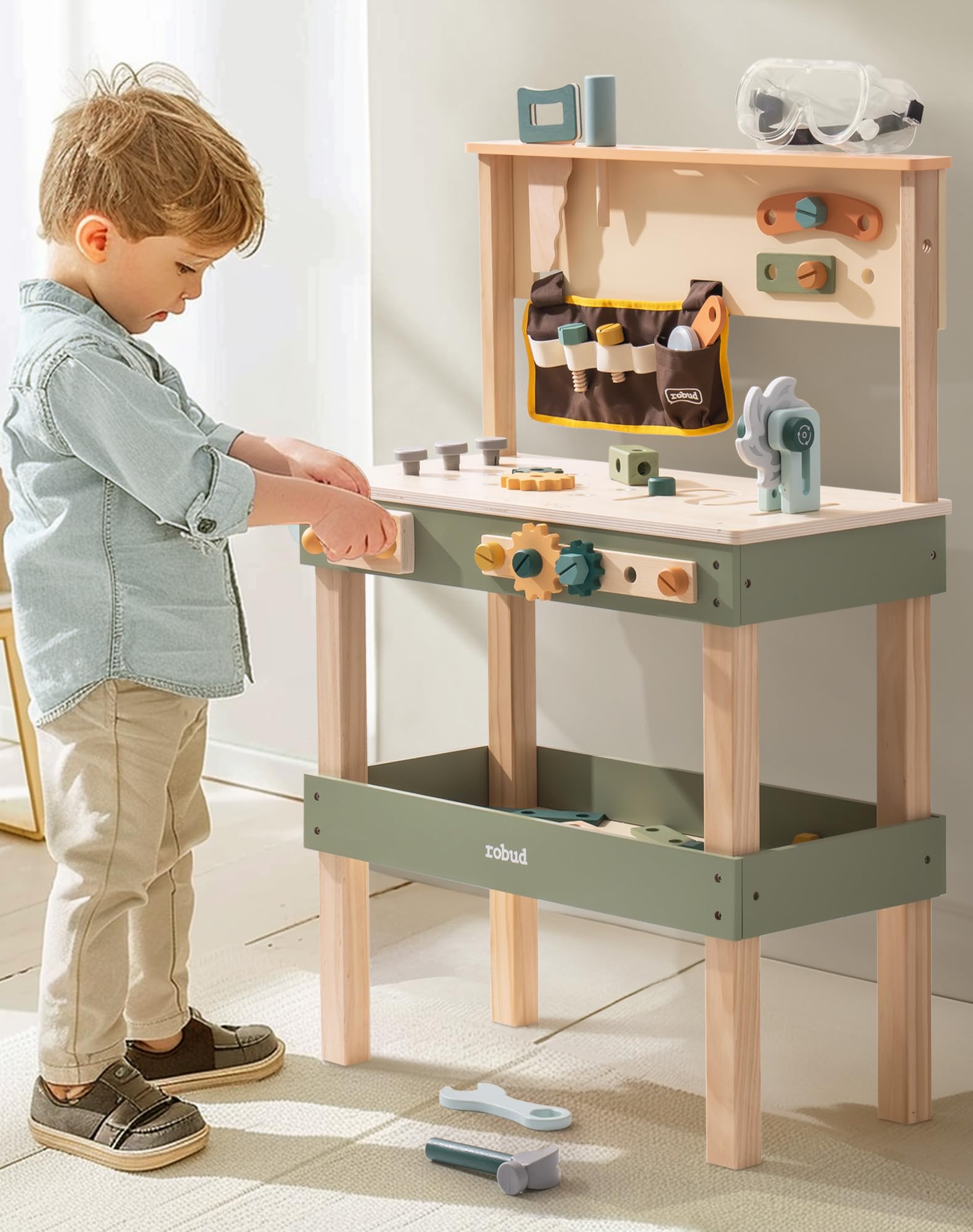 Wooden Toddler Workbench with Tool Belt and Accessories