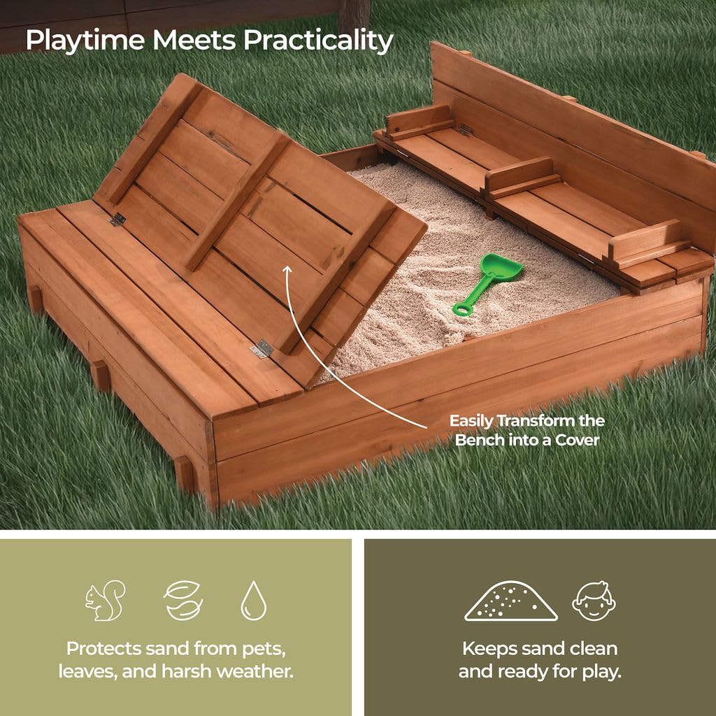 Cedar Wood Sandbox with Convertible Lid and Benches