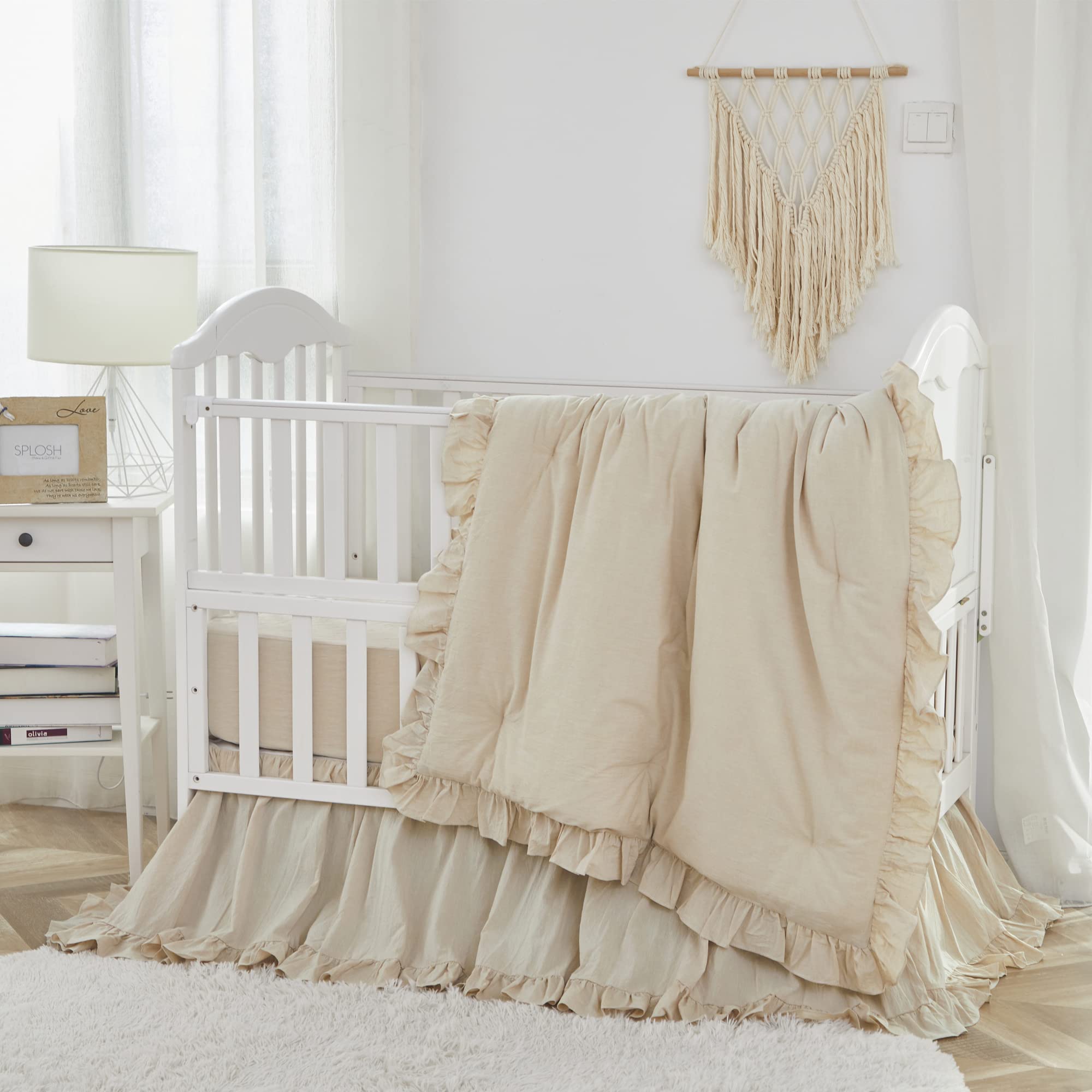 Boho Bohemian Girl Baby Nursery Crib Bed Skirt Dust Ruffle - Neutral Solid Color Beige