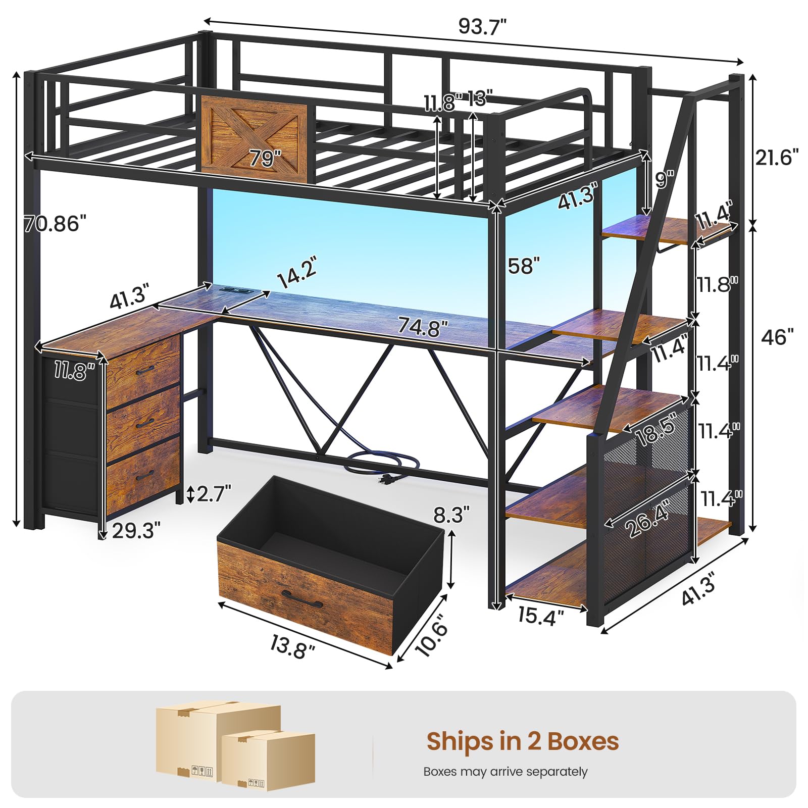 Twin Loft Bed with L-Shaped Desk and Storage Stairs