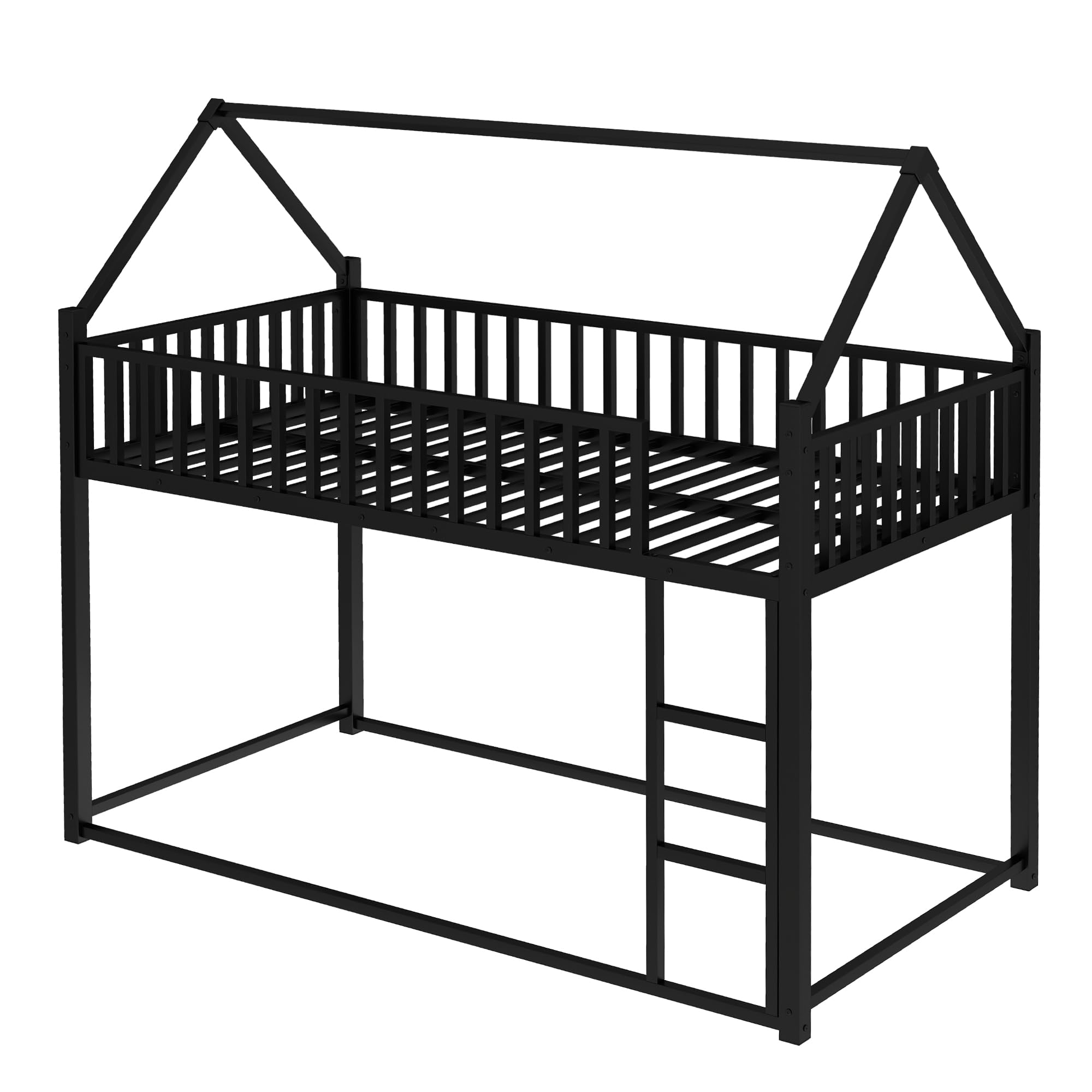 Twin Over Twin House Bed, Metal Floor Bunk Bed with Safety Guardrails and Roof