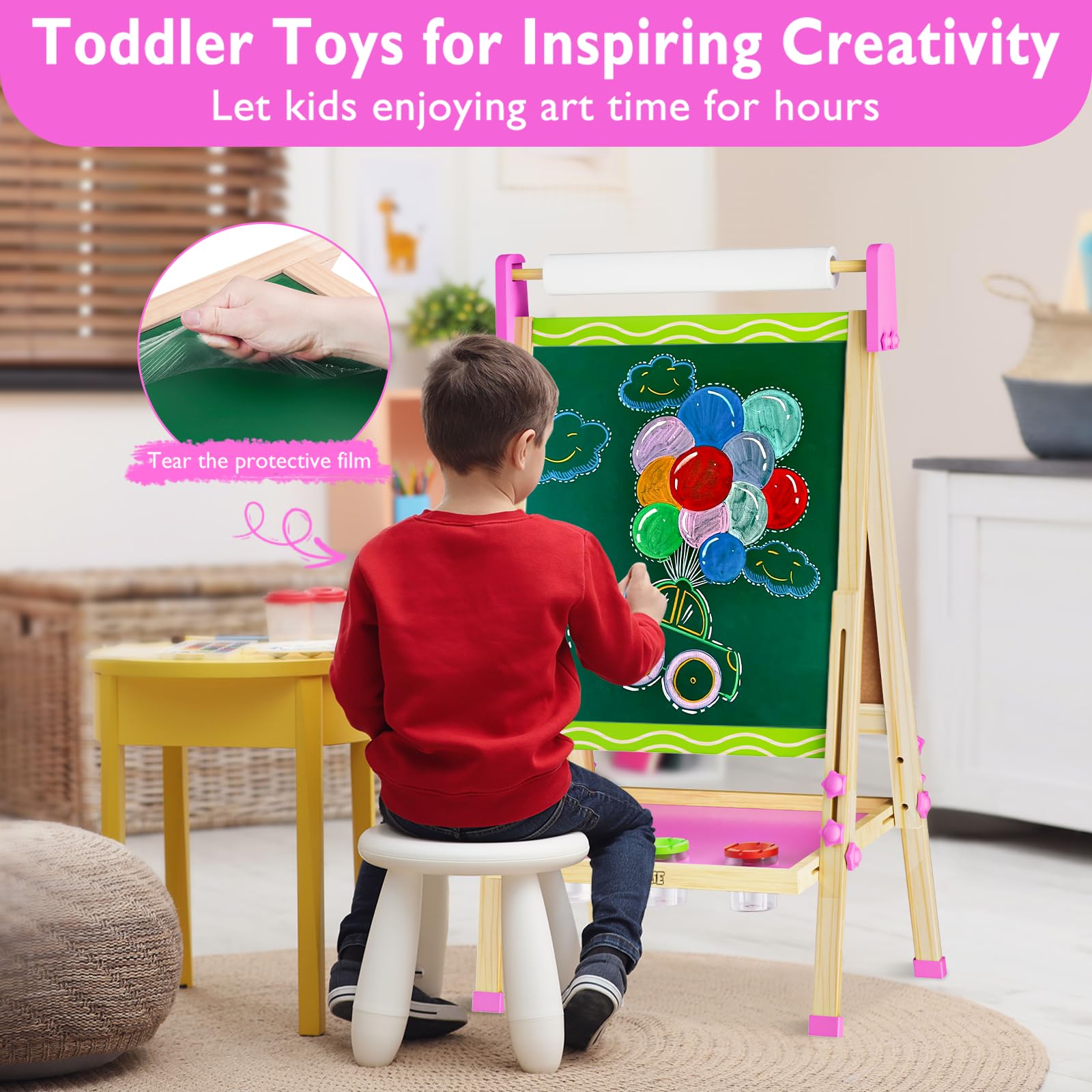 Adjustable Double-Sided Kids Art Easel with Paper Roll
