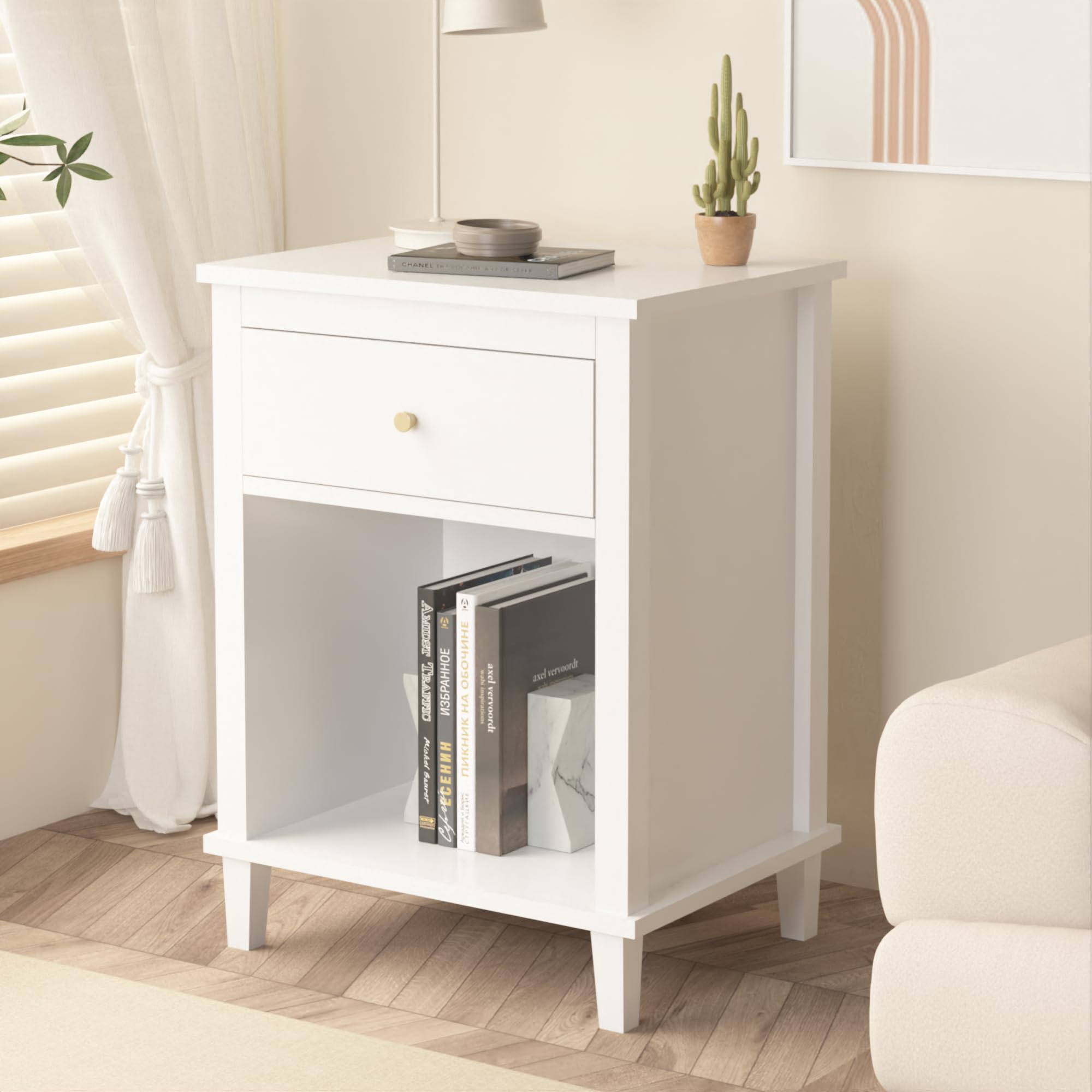 Nightstand with Drawer for Kids, Adults, Wood Bed Side