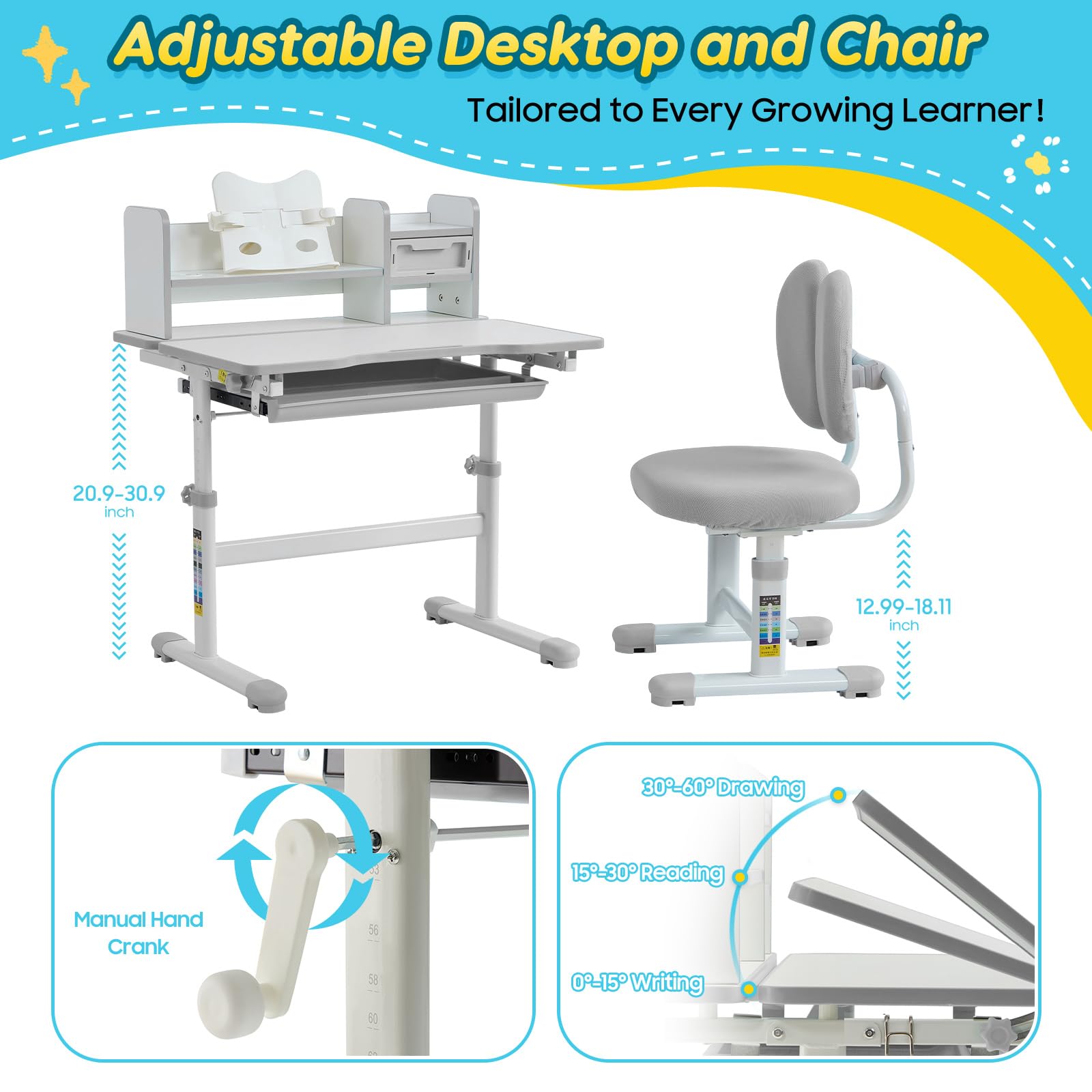 Ergonomic Kids Desk and Chair Set with Adjustable Height and Tilting Desktop