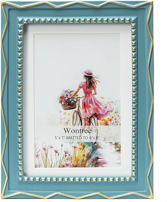 5x7 Picture Frame, Gold Beads & Swirls Against Muted Blue