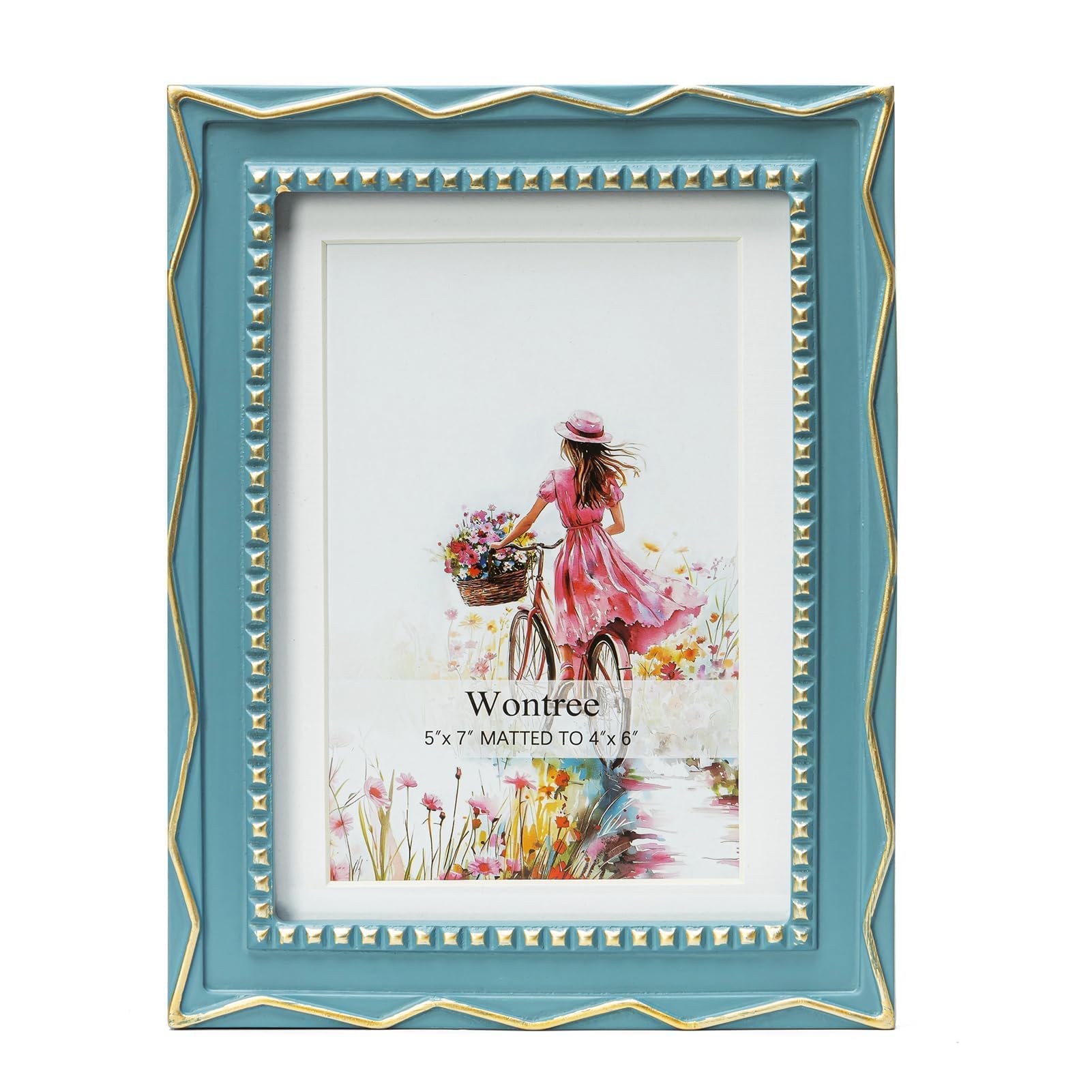 5x7 Picture Frame, Gold Beads & Swirls Against Muted Blue