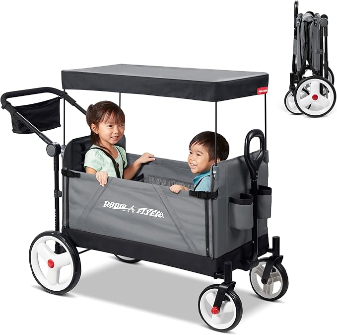 Stroller Wagon with 5-Point Harnesses, Rear Brake, and Push Pull Handle, Red